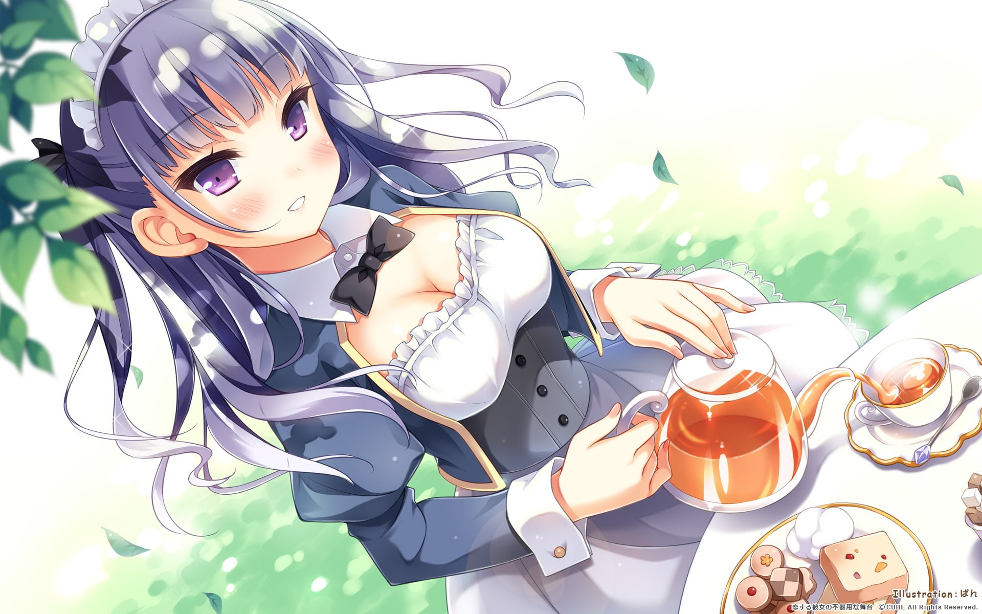 pan, blush, (mimi), leaves, maid, bow, cleavage, 1080P, dress, hair, purple, drink, food, kokonoe, maria, long, eyes, breasts, headdress, HD Wallpaper