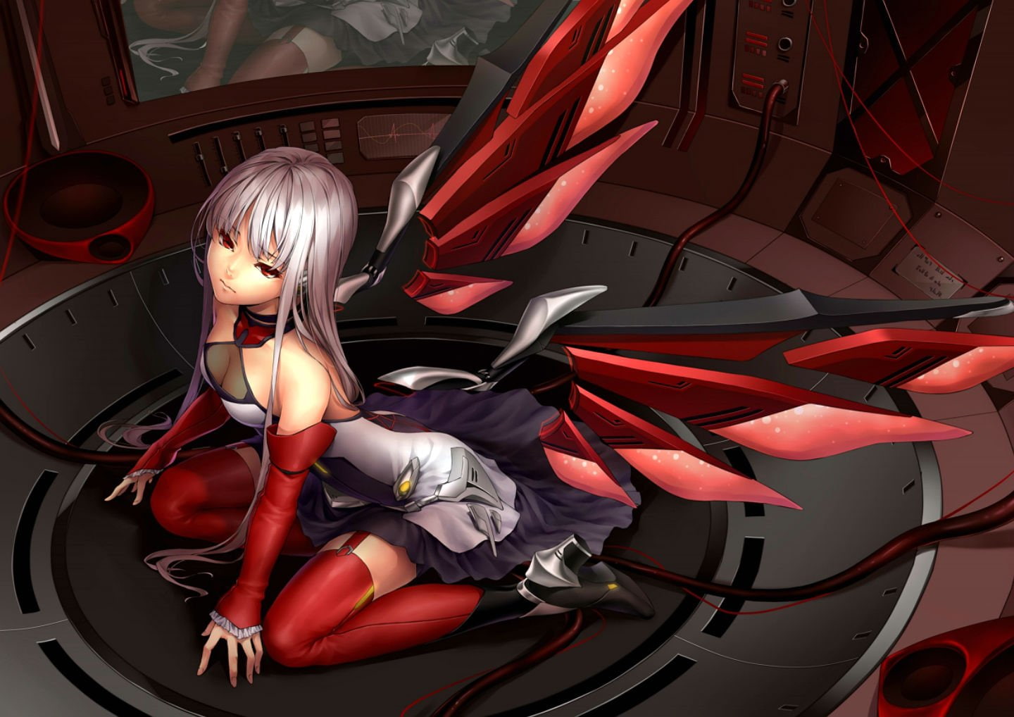 long, original, wings, 720P, hinase, breasts, mechagirl, hair, dress, stockings, gray, kanoto, cleavage, red, eyes, HD Wallpaper