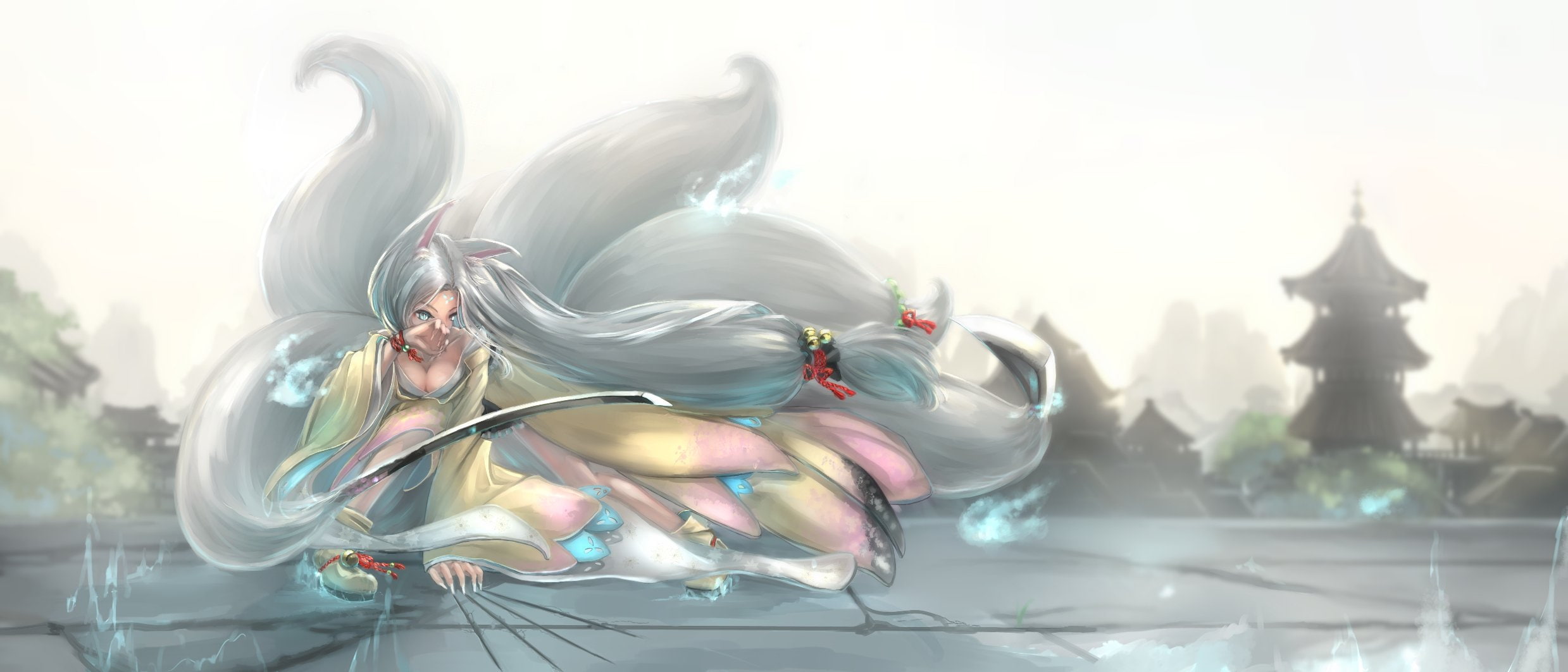 ears, hair, original, long, 1080P, weapon, tail, tails, kikivi, bell, multiple, animal, cleavage, gray, sword, foxgirl, breasts, HD Wallpaper