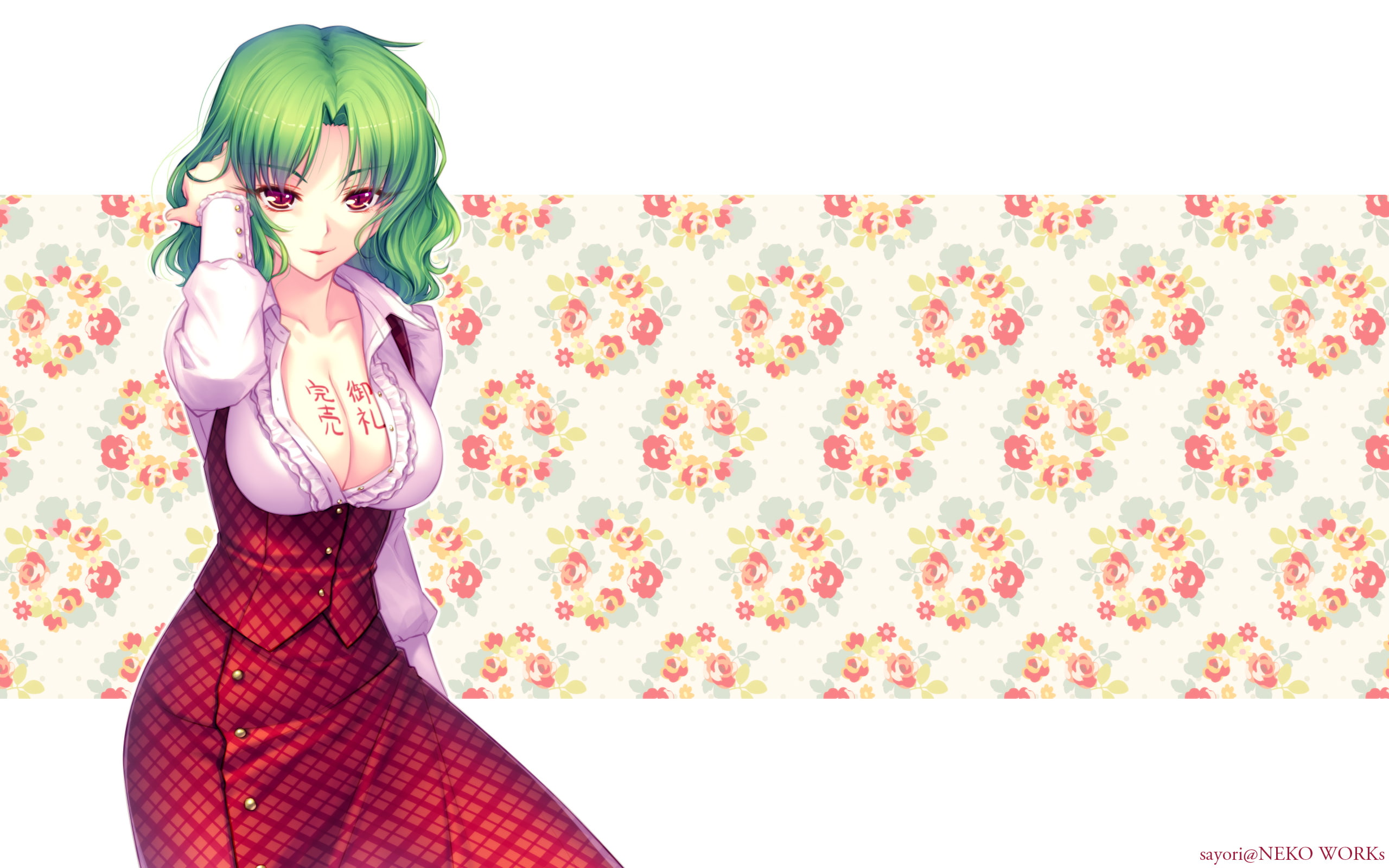 breasts, watermark, eyes, short, photoshop, artifacts, dress, cleavage, touhou, 2K, hair, green, yuuka, jpeg, sayori, shirt, open, kazami, red, HD Wallpaper