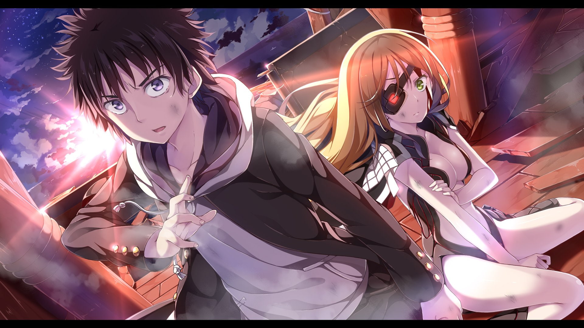 boat, blood, yuuri, green, sunset, cleavage, purple, blonde, eyepatch, touma, breasts, brown, long, eyes, asterisk, othinus, kamijou, 1080P, short, hair, HD Wallpaper