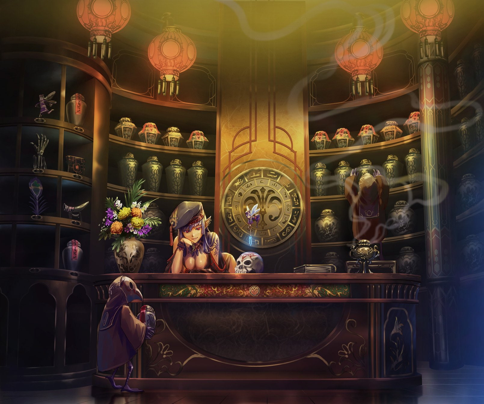 blue, book, skull, pixiv, 720P, hair, cleavage, fantasia, red, hat, long, ears, fairy, eyes, pointed, iceojin, breasts, HD Wallpaper