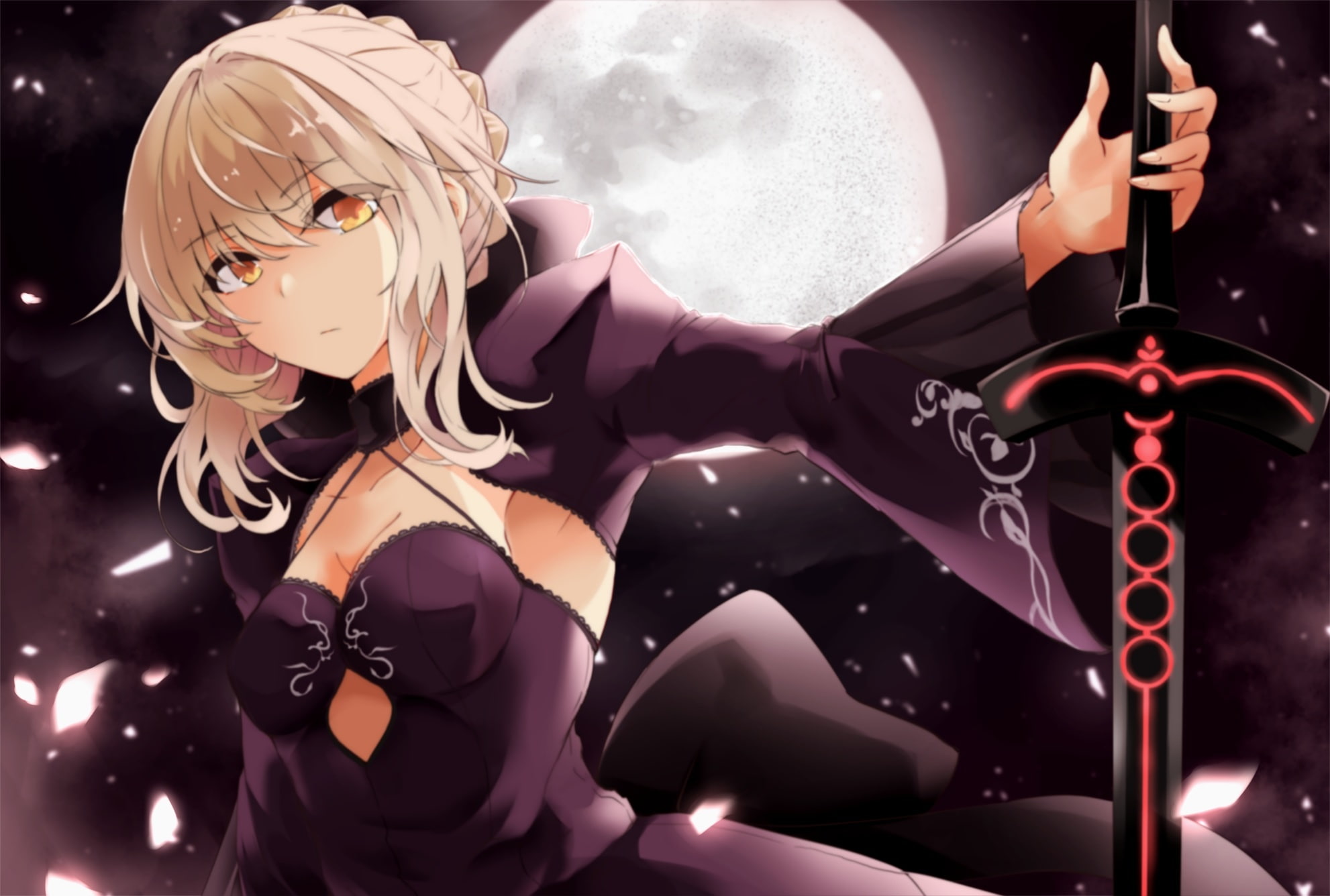 alter, 1080P, 238251, saber, konachan, com, short, petals, yellow, (series), hair, fate, grand, (fuore), dark, sword, order, eyes, breasts, fuu, blonde, HD Wallpaper