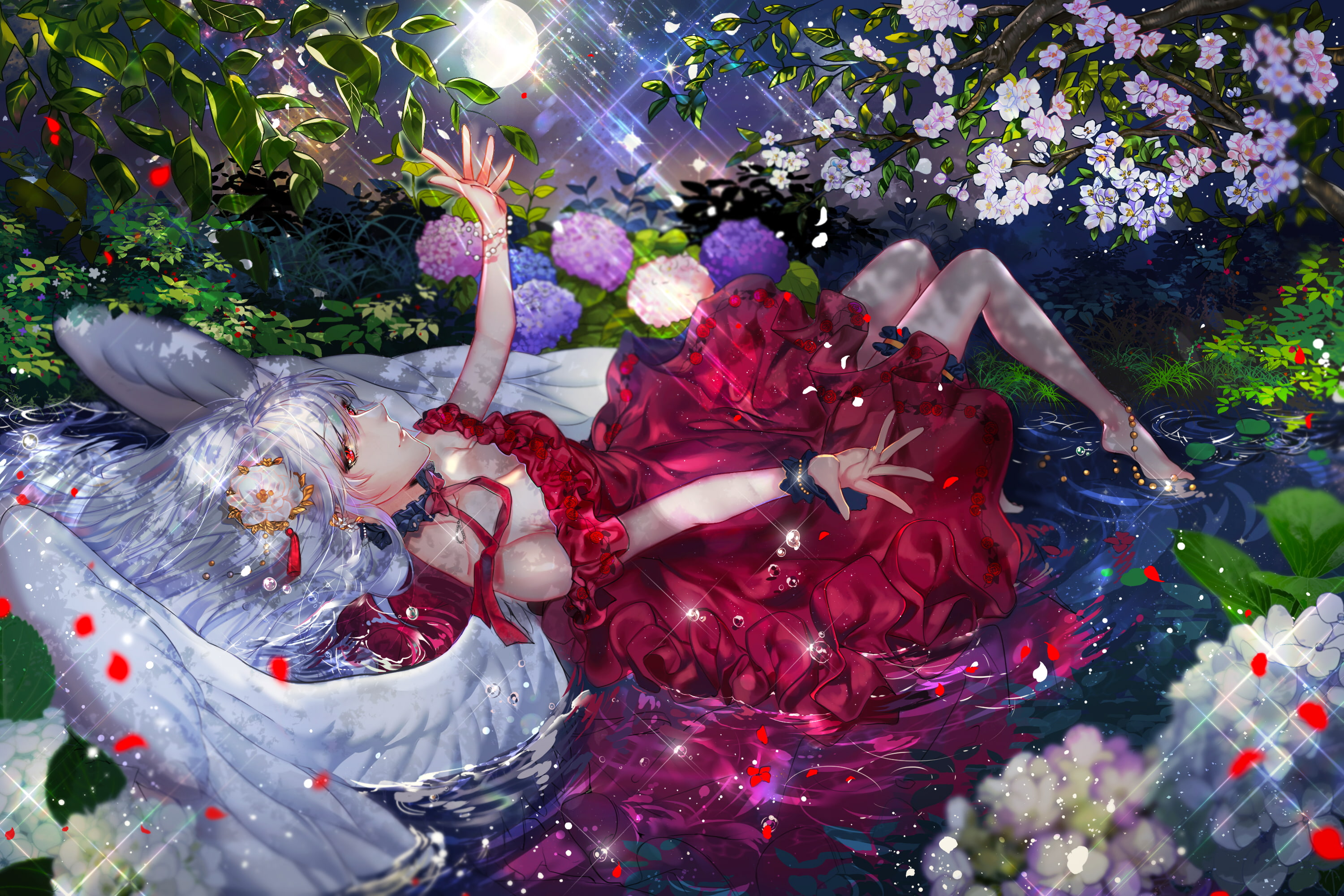 konachan, red, leaves, original, barefoot, flowers, white, 256890, cleavage, com, long, ribbons, water, dress, wings, wet, hair, 2K, kimpl, breasts, eyes, HD Wallpaper