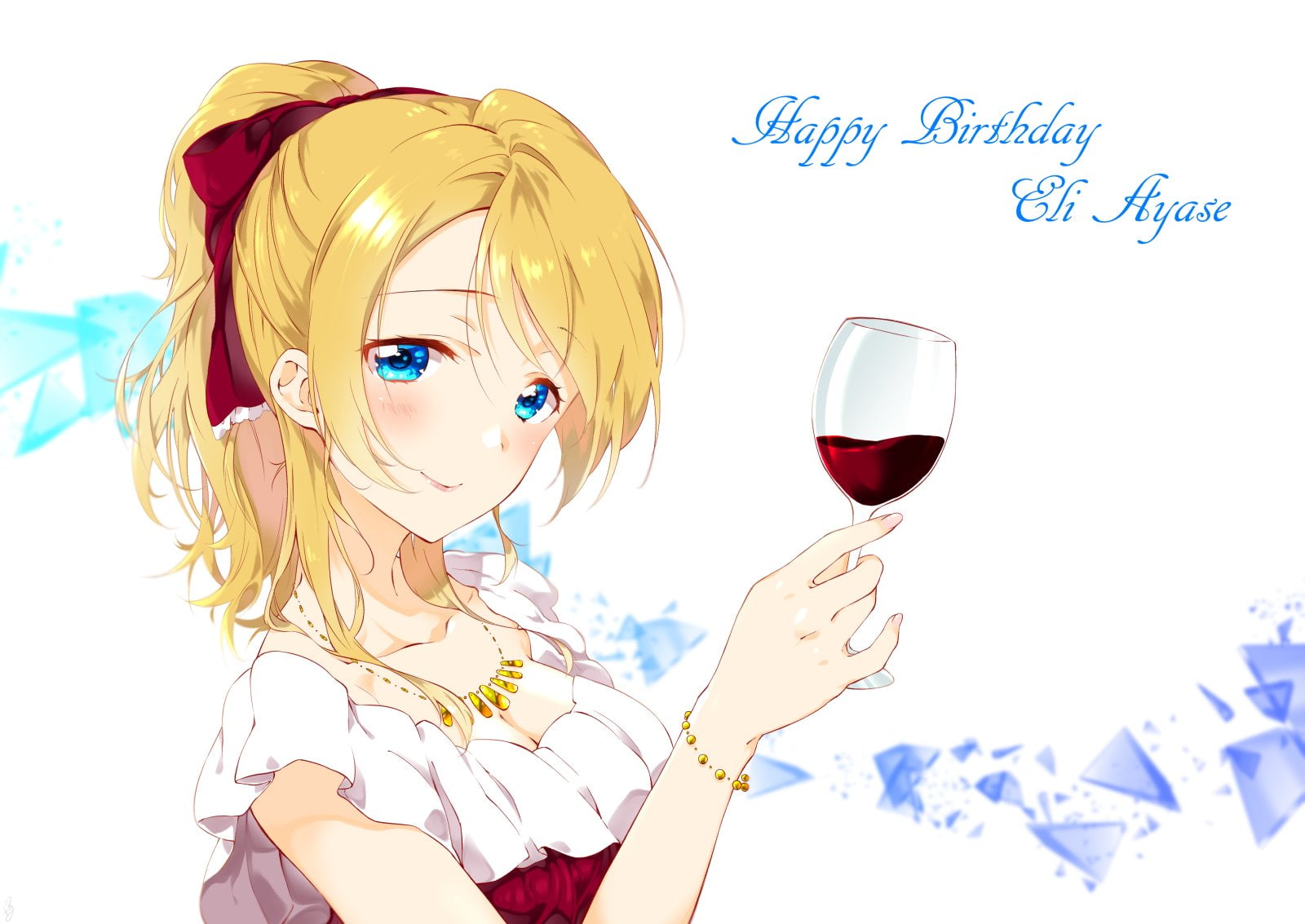 eri, cleavage, blonde, blush, white, ponytail, yomotsuka, 720P, long, necklace, tsukasa, breasts, hair, eyes, bow, aqua, drink, wristwear, ayase, aliasing, HD Wallpaper