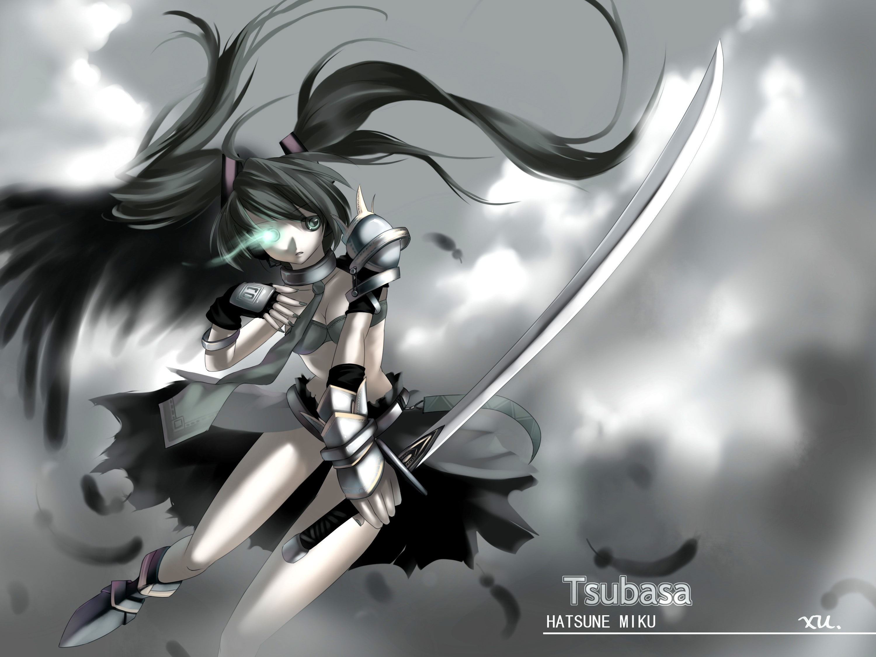 2K, hatsune, vocaloid, girls, monochrome, anime, hair, underwear, long, bra, miku, HD Wallpaper