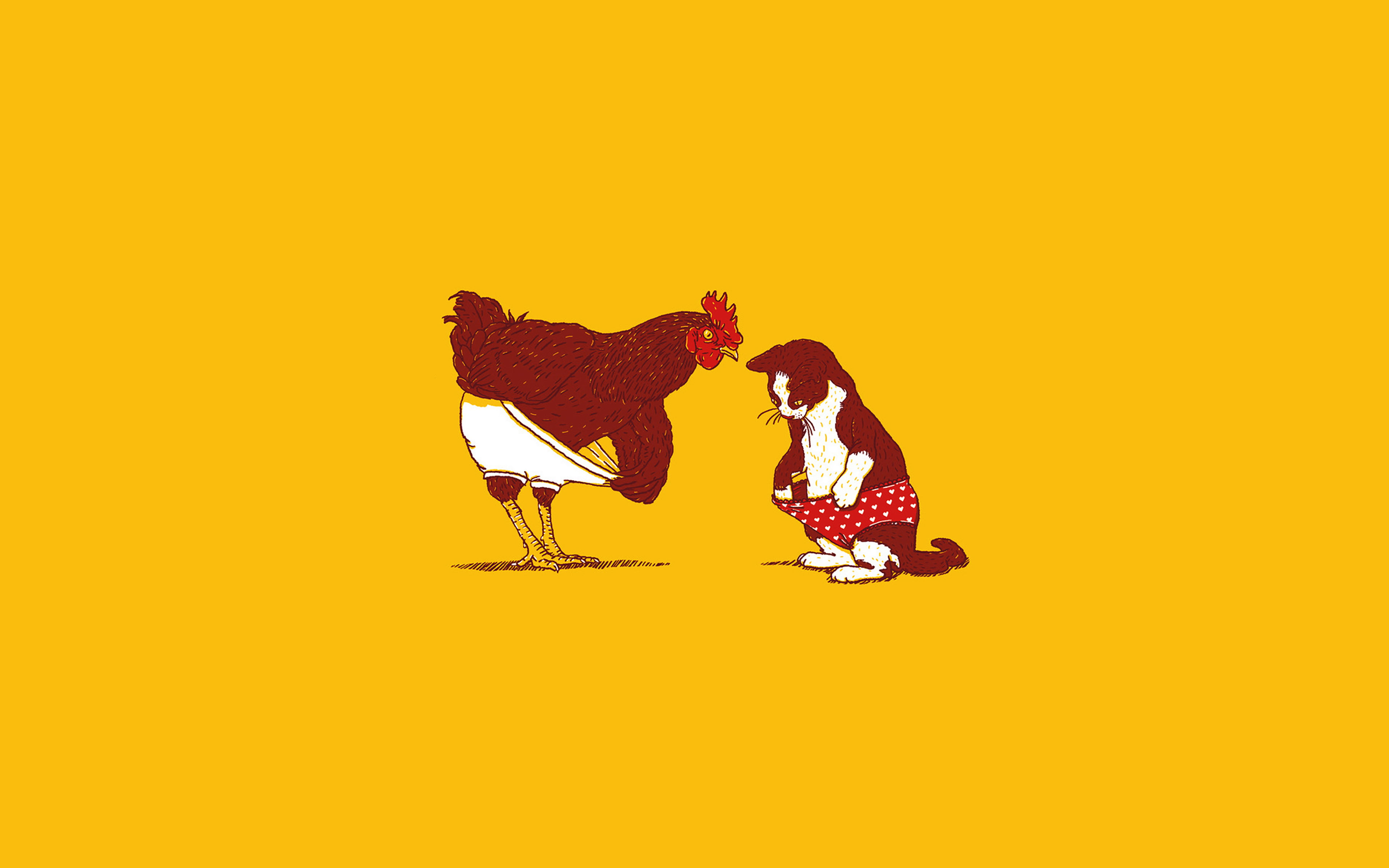 chicken, people, full length, yellow background, yellow, cute, sunset, colored background, digital composite, 4K, profile view, underwear, cat, side view, HD Wallpaper
