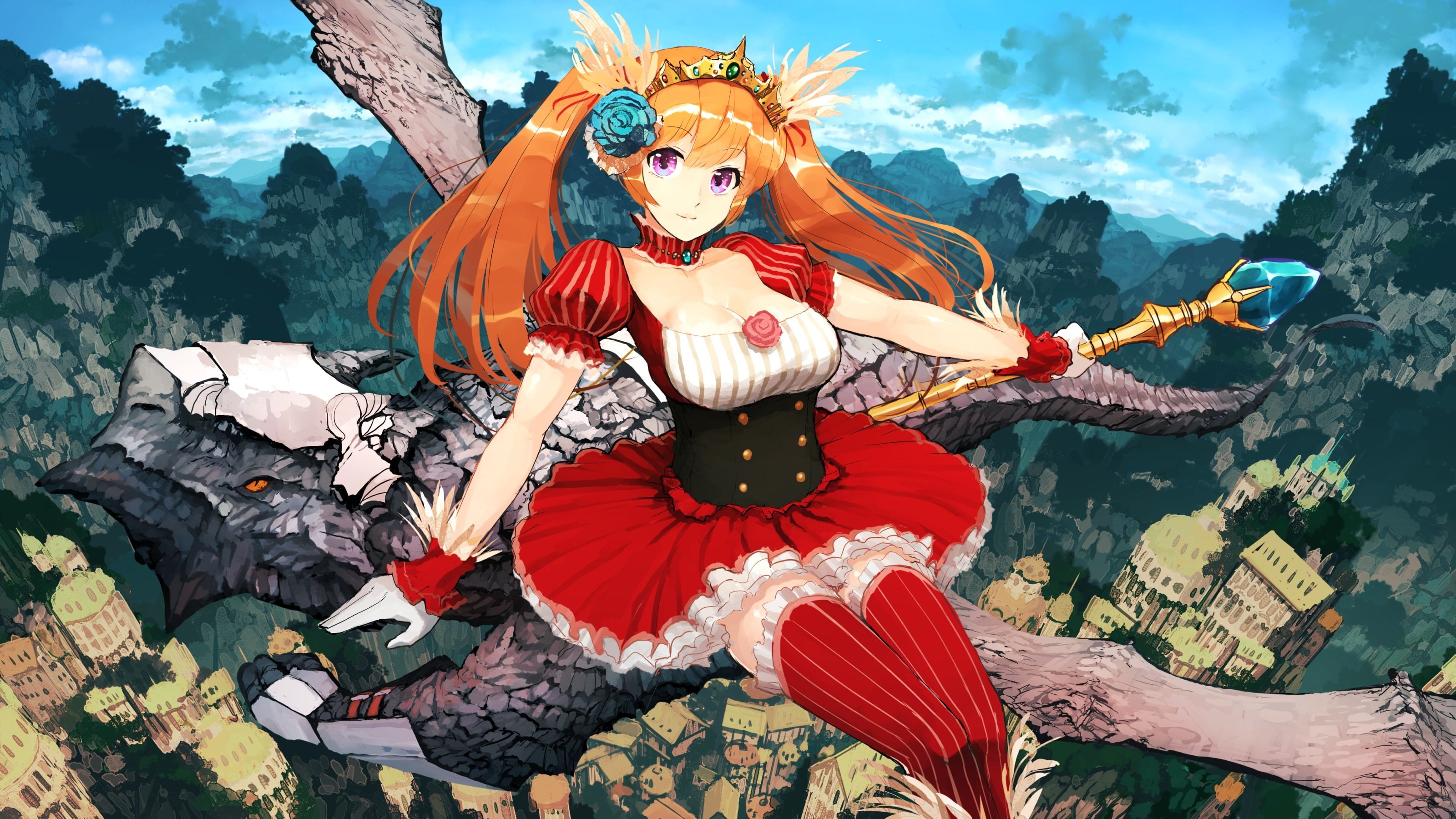 staff, choker, breasts, twintails, jumpei99, cleavage, dress, eyes, purple, gloves, crown, long, orange, thighhighs, hair, original, 2K, HD Wallpaper