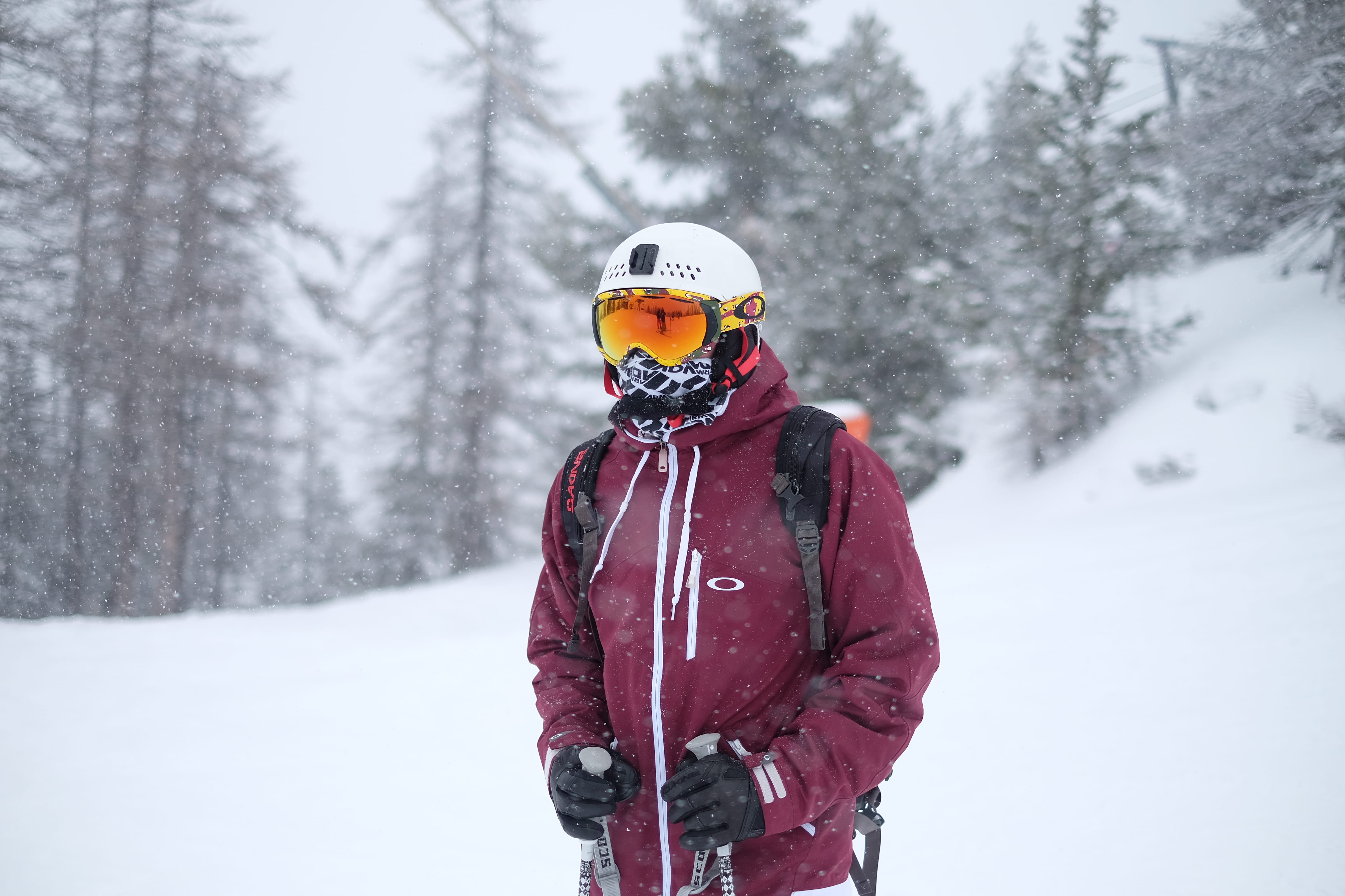 sport, helmet, background, front view, pose, red, tree, warm clothing, portrait, goggle, snow, beauty in nature, leisure activity, wearing, snowfall, blurred, HD Wallpaper