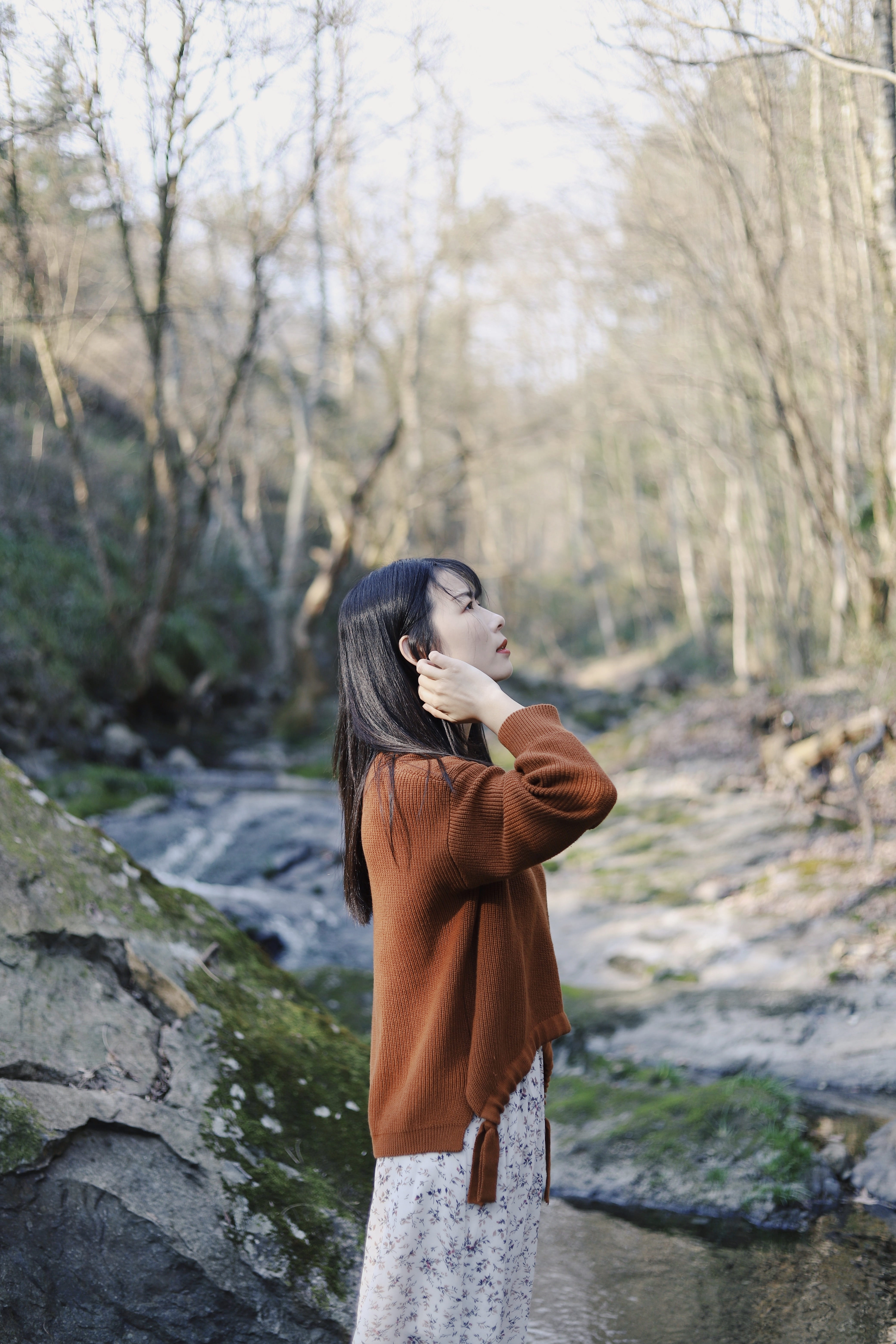 vegetation, pants, brown, focus on foreground, ground, woman, young women, overcoat, woodland, pea, nature, coat, casual clothing, land, photography, forest, Phone HD Wallpaper