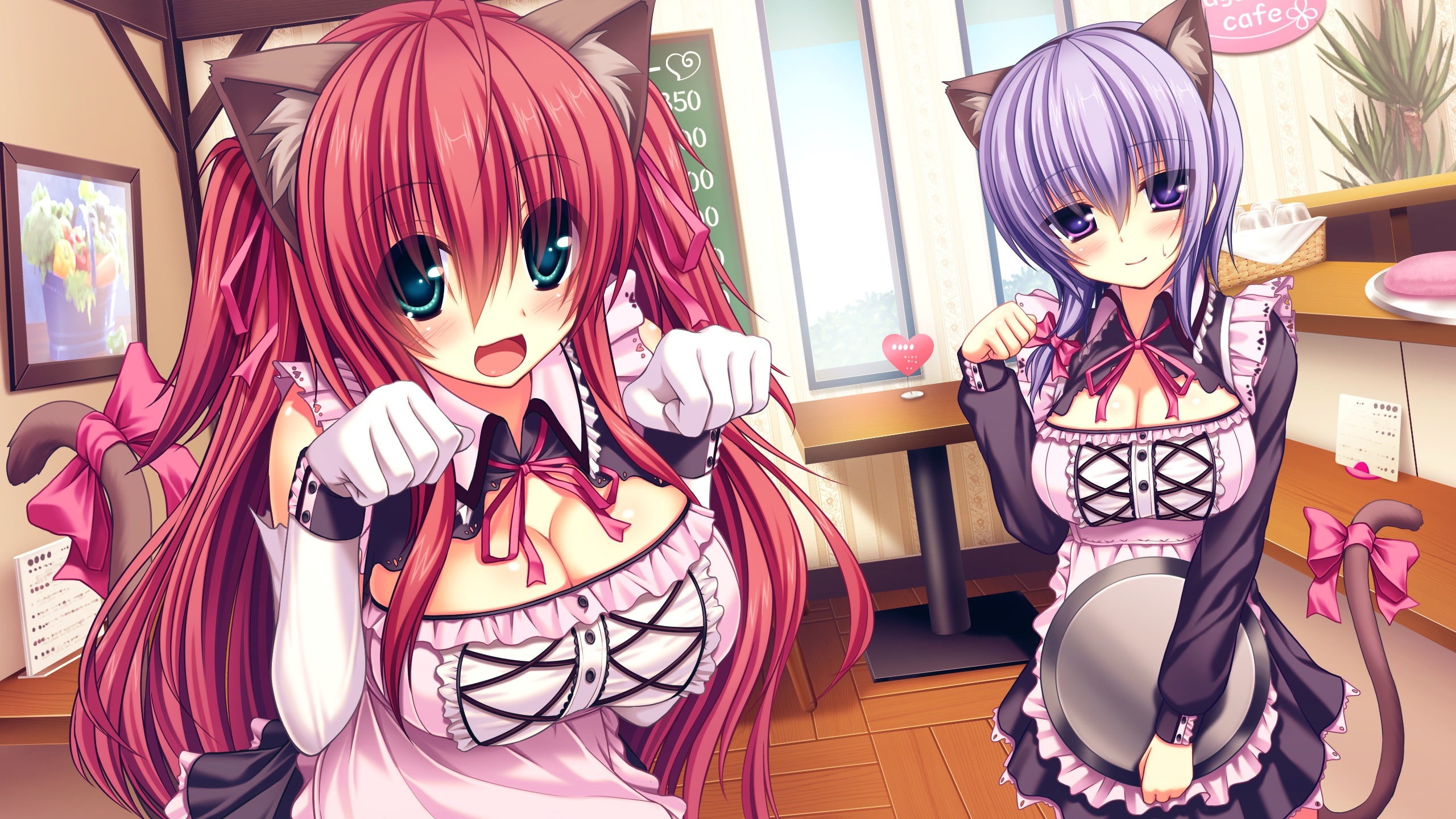 purple, nishimura, characters, gloves, female, anime, game, syroh, elbow, 2K, catgirl, namaiki, digital, two, ears, hair, shiori, cleavage, delation, red, HD Wallpaper