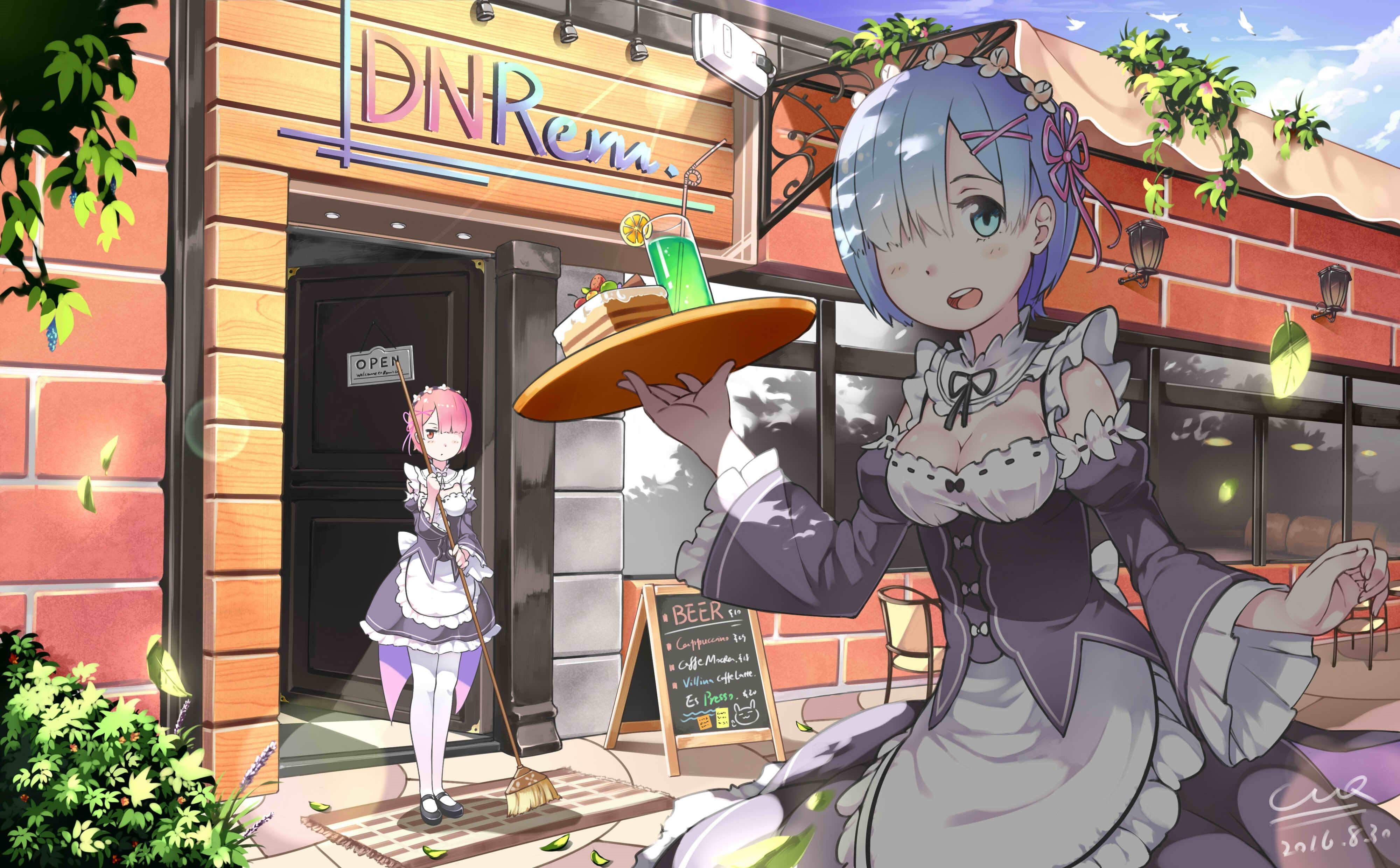 Rem (Re: Zero), 4K, anime girls, short hair, anime, open shirt, maid, pink hair, Re:Zero Kara Hajimeru Isekai Seikatsu, Ram (Re: Zero), waitress, pink eyes, HD Wallpaper
