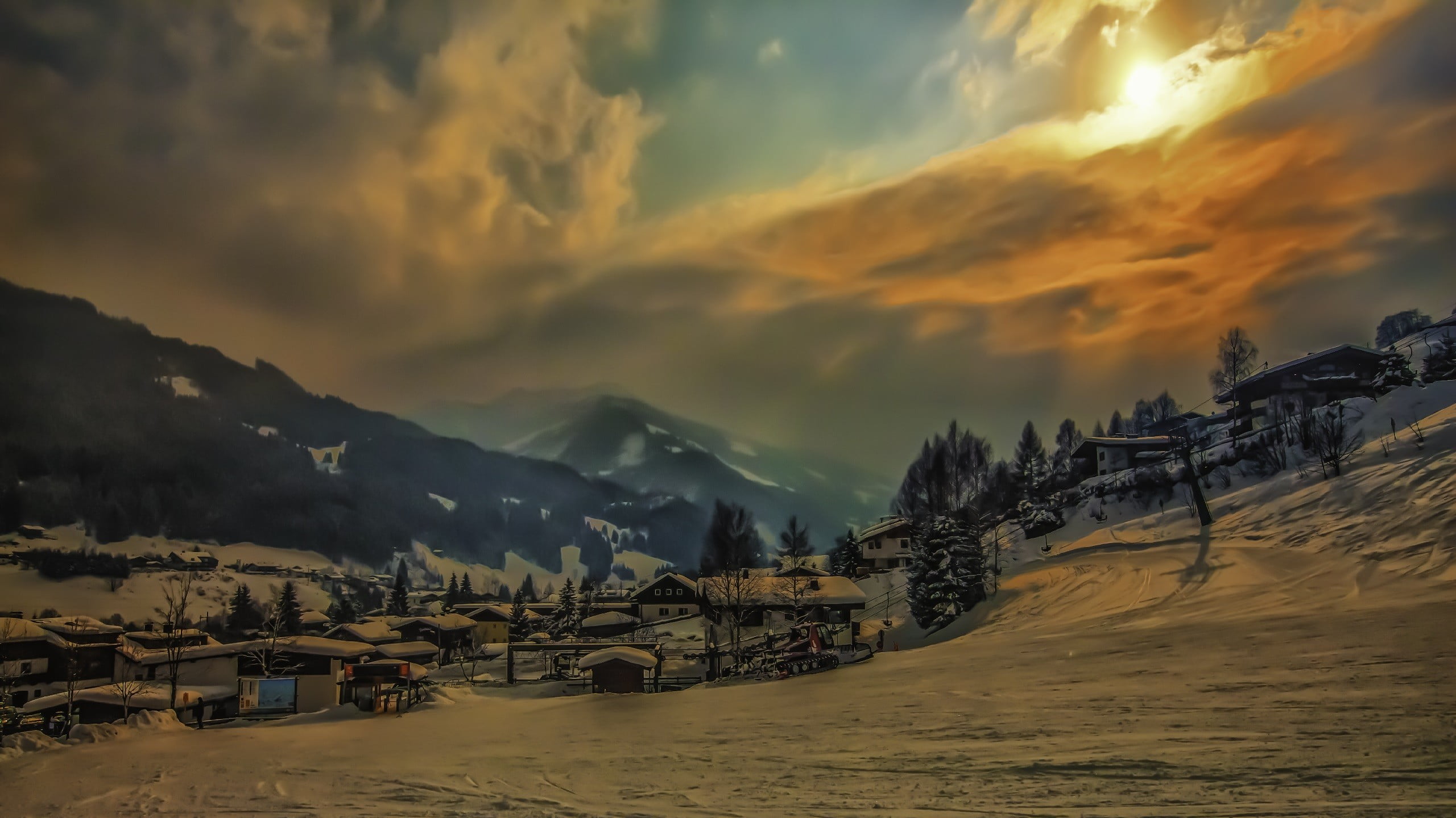 landscape, snowcapped mountain, environment, terrain, sunset, building exterior, cloud - sky, sky, idyllic, snow, no people, built structure, mountain, HD Wallpaper