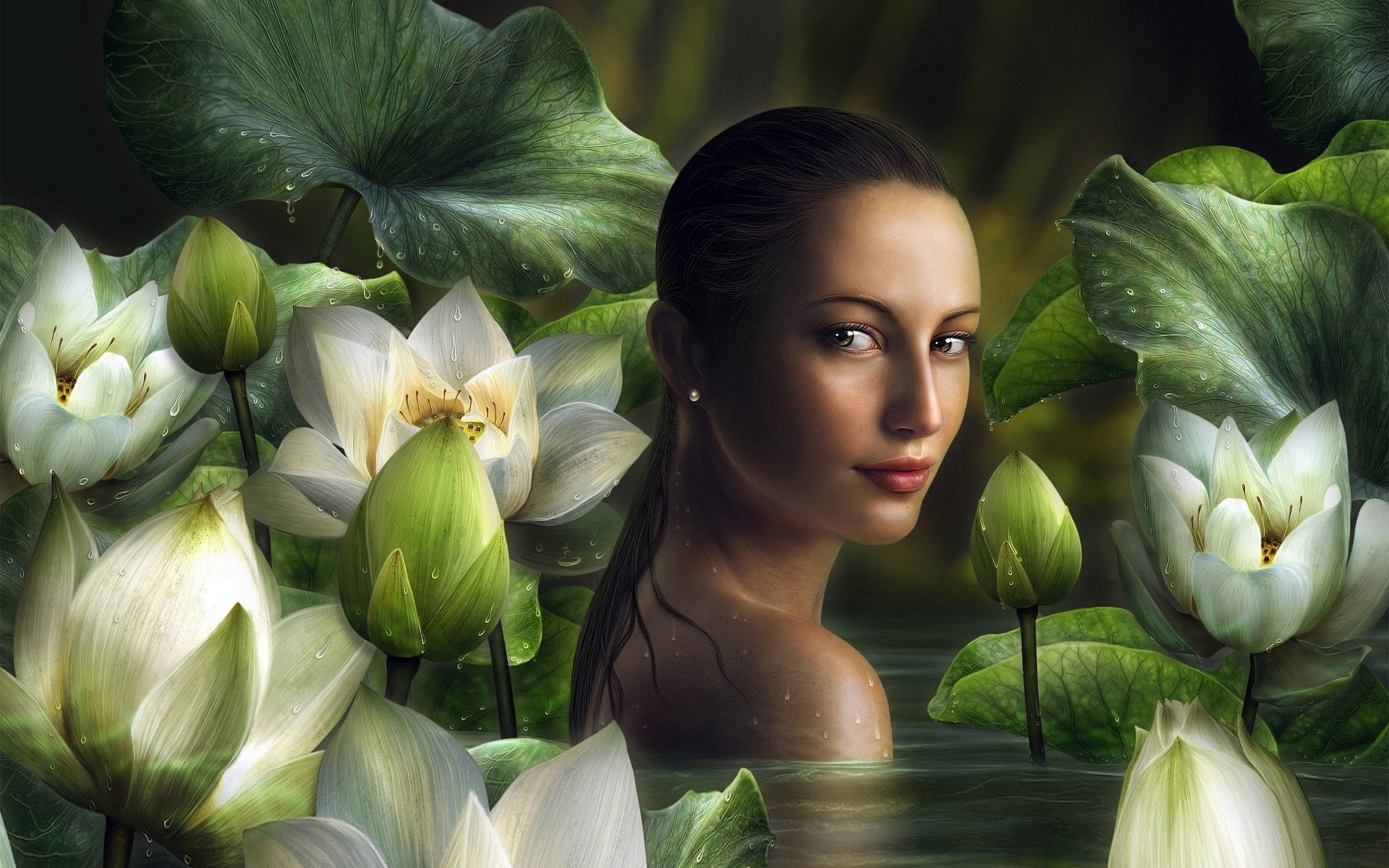 Woman, White, 1080P, Green, Girl, Lotus, Fantasy, Pond, Women, HD Wallpaper