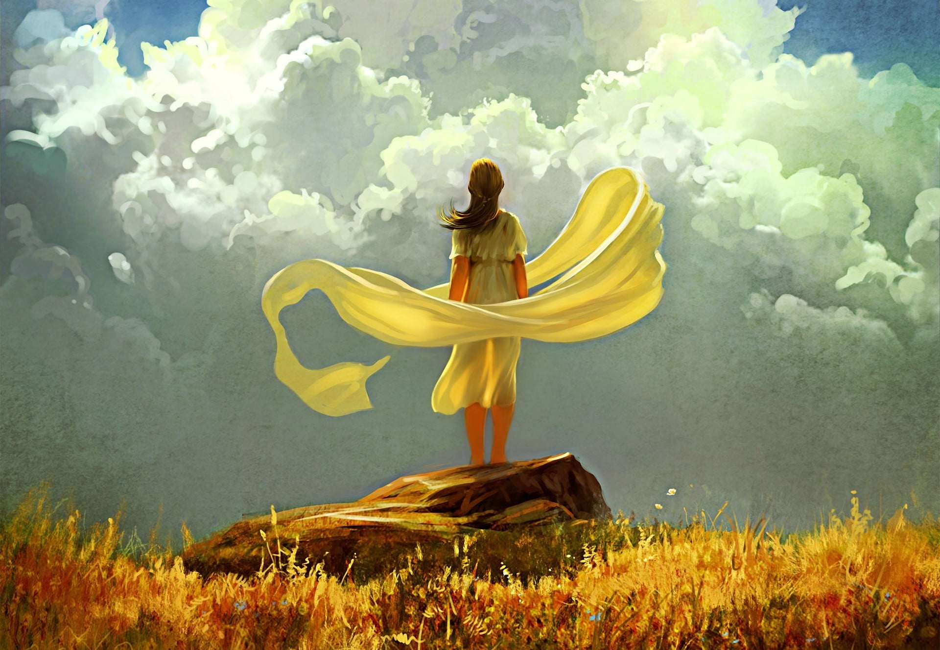 nature, spirituality, fabric, women, standing, autumn, clothing, sky, art, dress, leisure activity, heaven, adult, freedom, young adult, stone, full length, HD Wallpaper