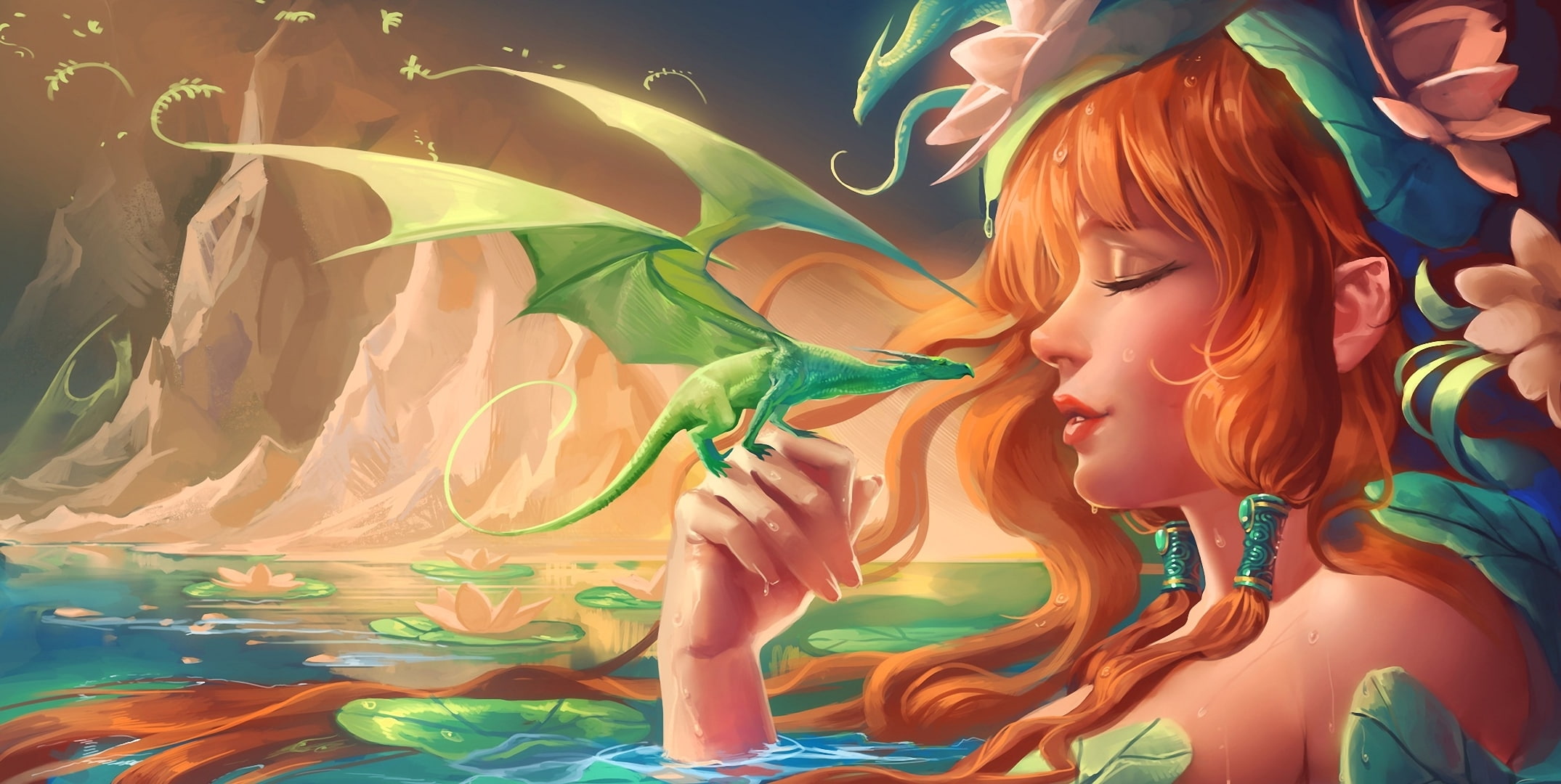 dragons, blond hair, real people, art, young women, woman, leisure activity, young adult, hair, females, 1080P, headshot, rocks, sakimichan, art and craft, HD Wallpaper