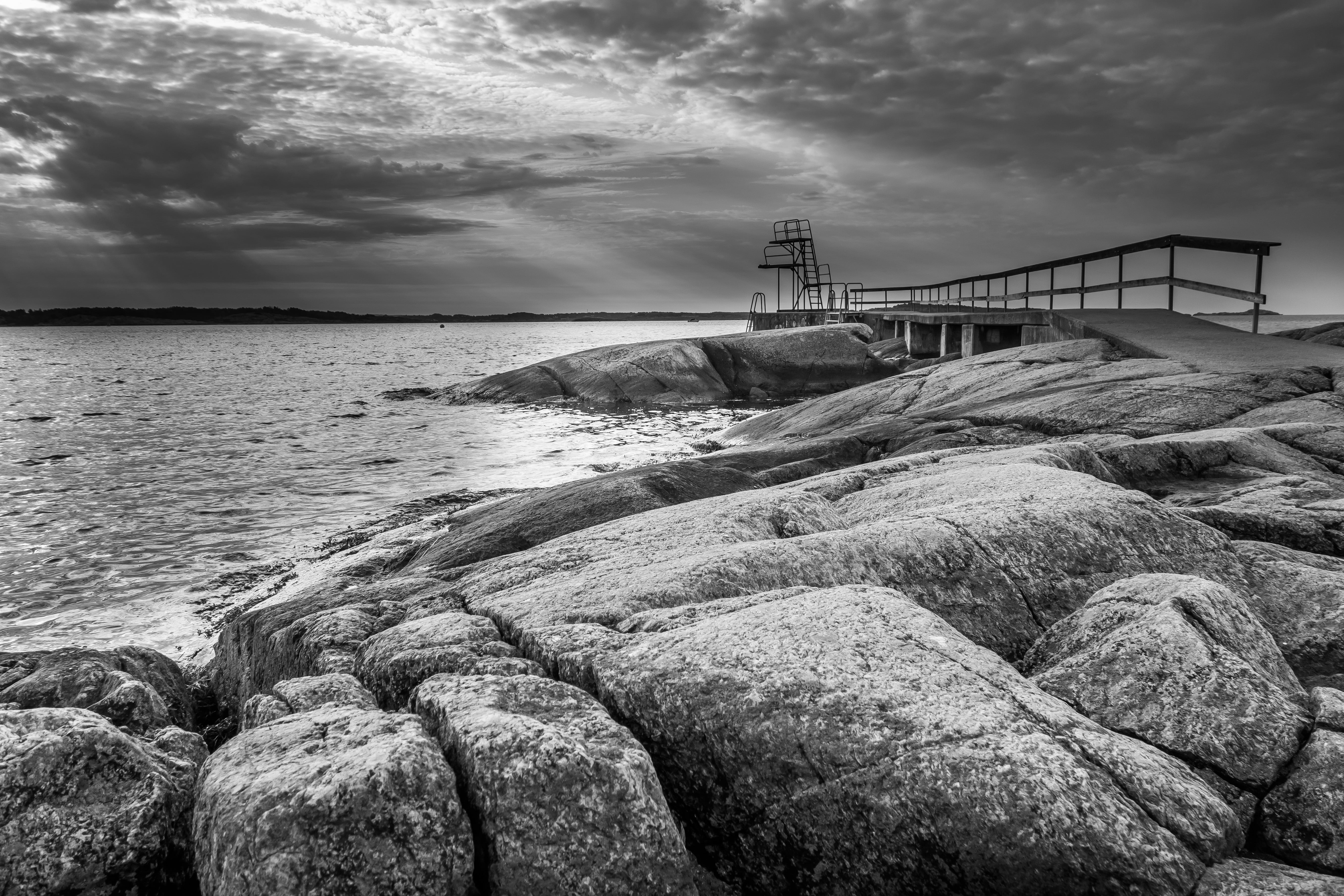 gray, clouds, beach, outdoors, rocks, sea, Kungsbacka, beside, nature, photography, Halland  Sweden, DSC-RX100M2, Sony, Onsala, grayscale, black And White, HD Wallpaper