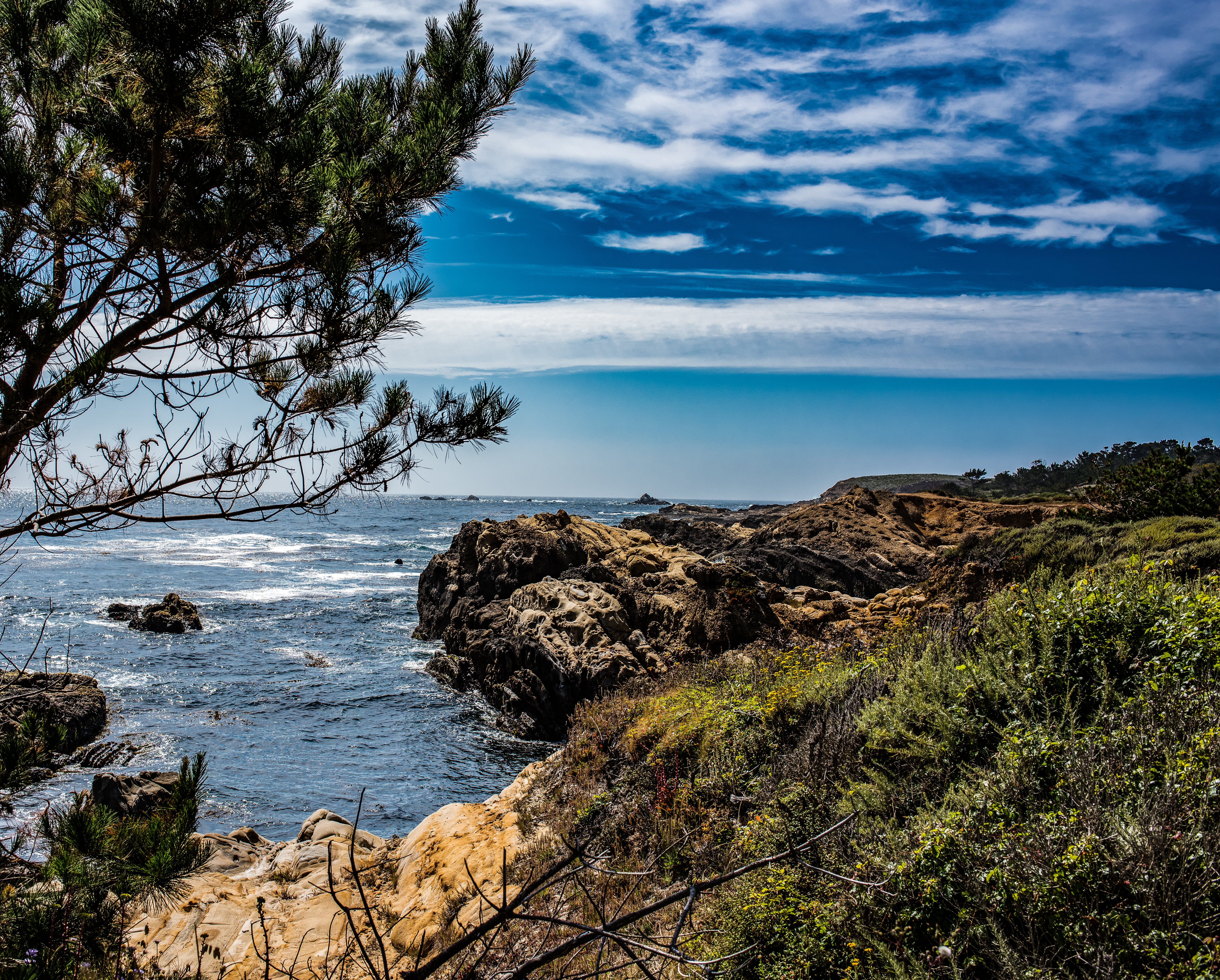 35mm, Nature, rock, coast, seashore, f/1, beach, 5K, point, 8G, AF, blue, Nikon, Outdoors, grass  tree, California, Point Lobos, Landscape, Clouds, ED  Beach, HD Wallpaper
