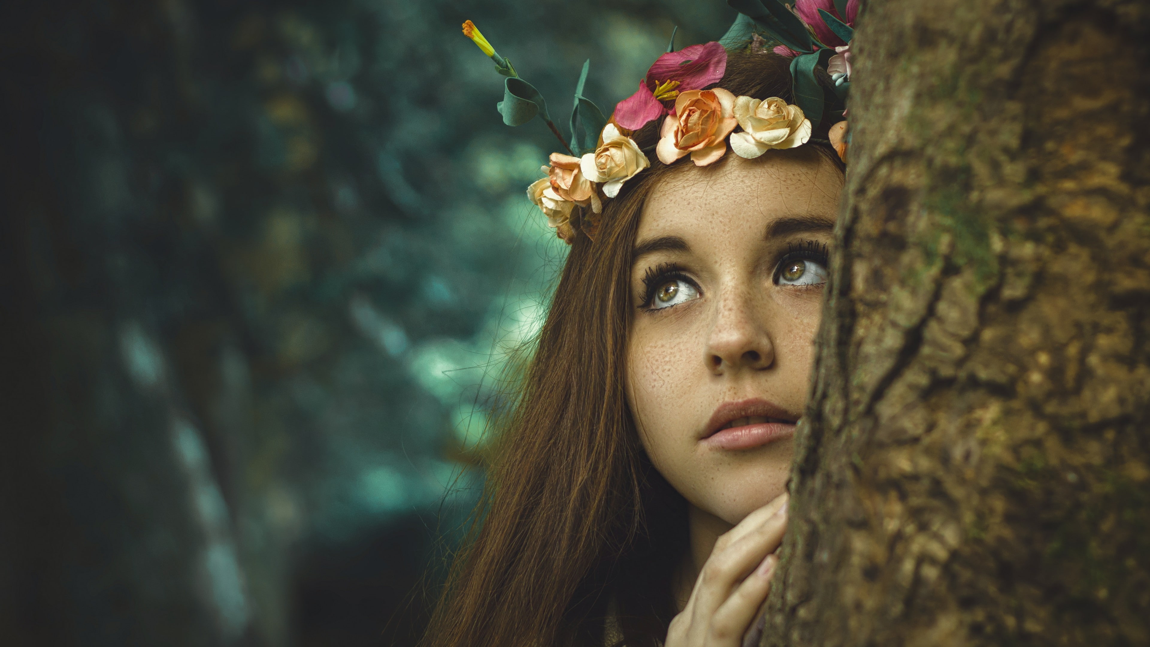 beautiful woman, women, tree trunk, portrait, beauty, young women, 4K, looking away, contemplation, forest, young adult, auburn hair, flower in hair, looking, HD Wallpaper