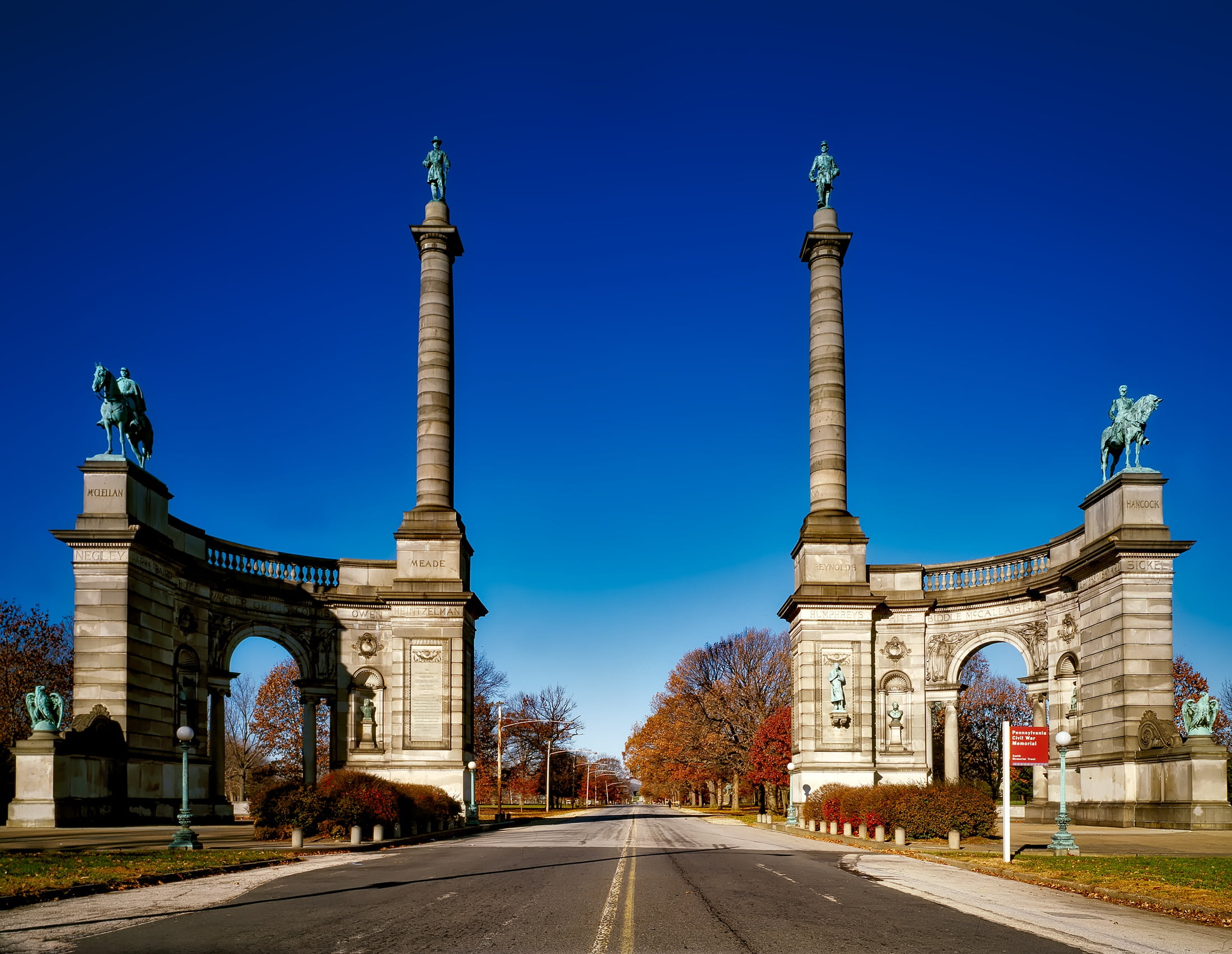 city, landmark, grass, nature, historic, travel, no people, sky, surrounded, pillars, statues, day, building exterior, fairmont park, transportation, 1080P, HD Wallpaper