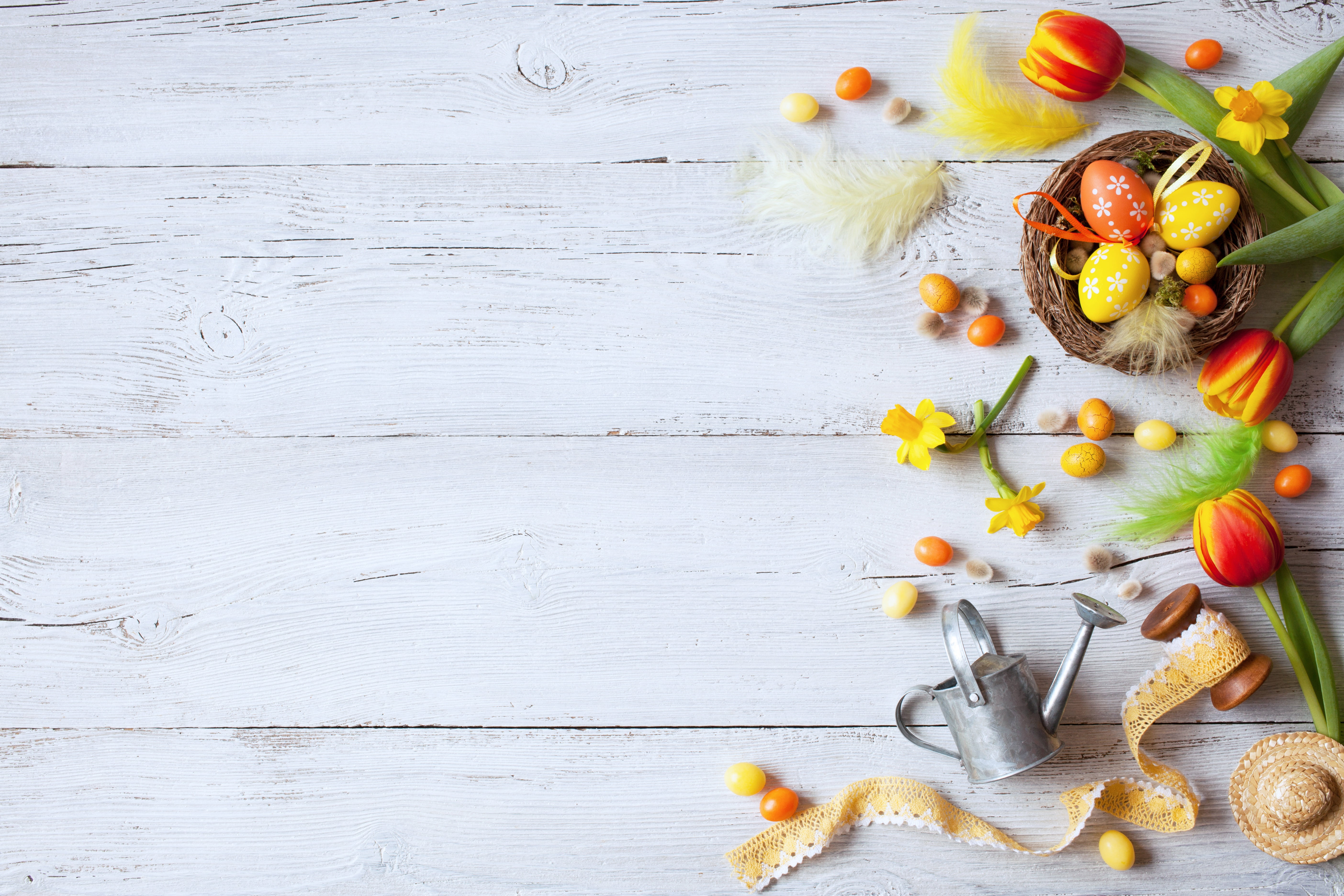 flowers, Happy, spring, the painted eggs, daffodils, Easter, colorful, 5K, decoration, wood, tulips, eggs, HD Wallpaper