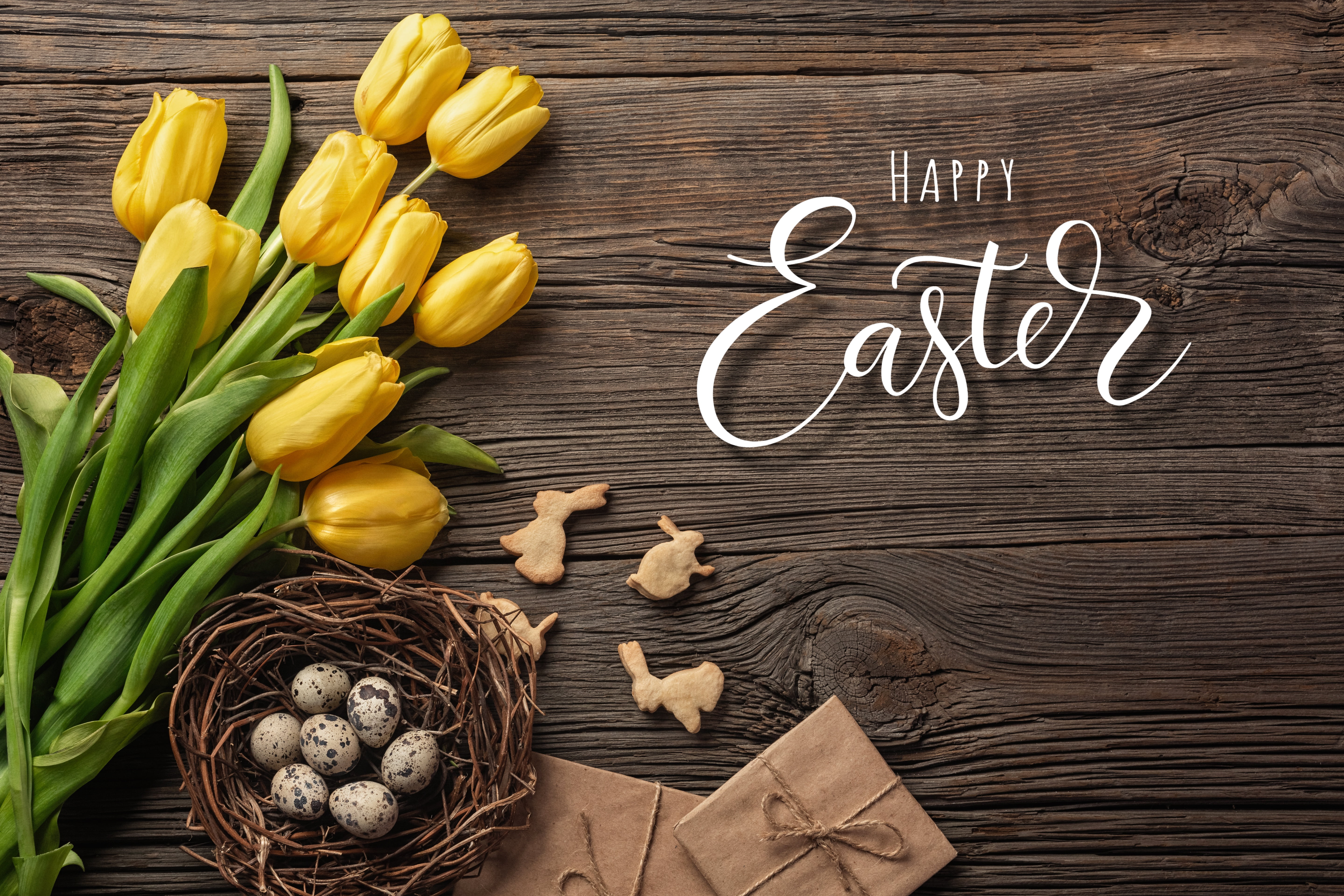 bouquet, Easter, yellow, happy, 5K, wood, flowers, colorful, tulips, eggs, decoration, HD Wallpaper