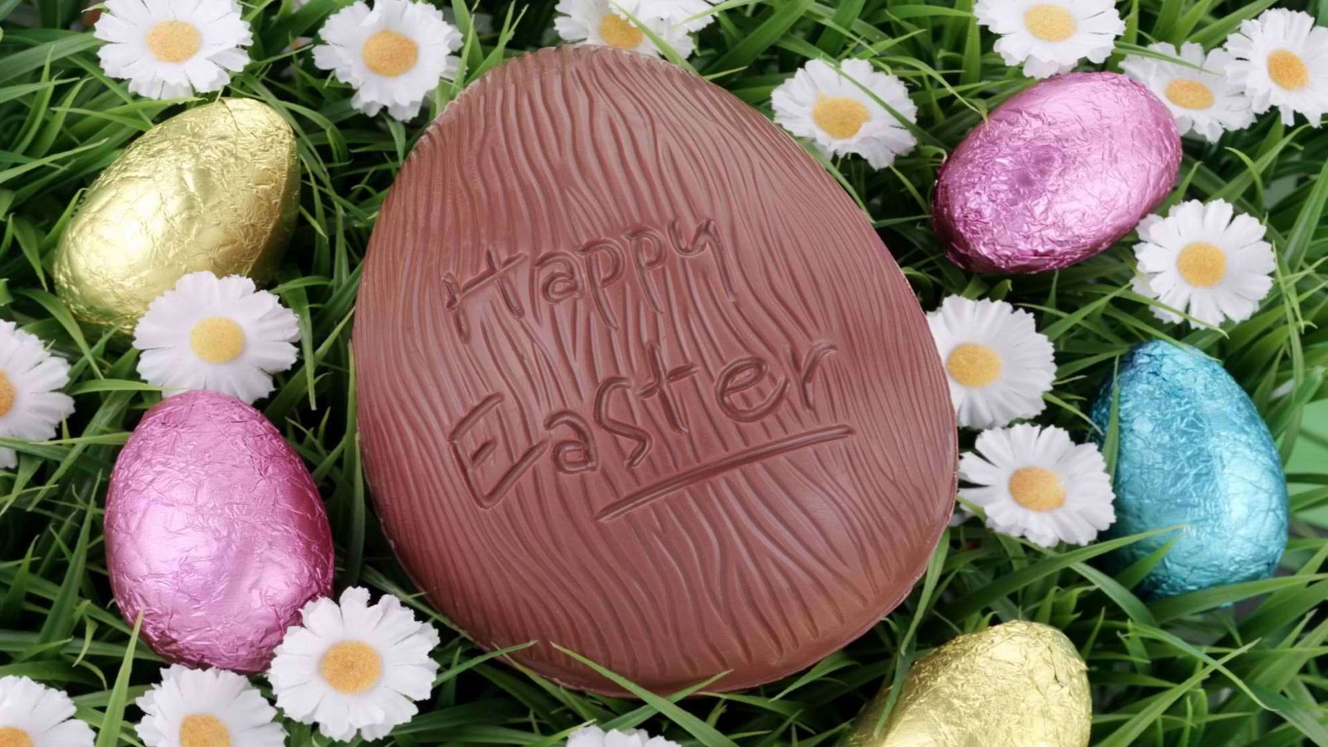 grass, egg, hd, happy, 1080P, easter, chocolate, flowers, HD Wallpaper