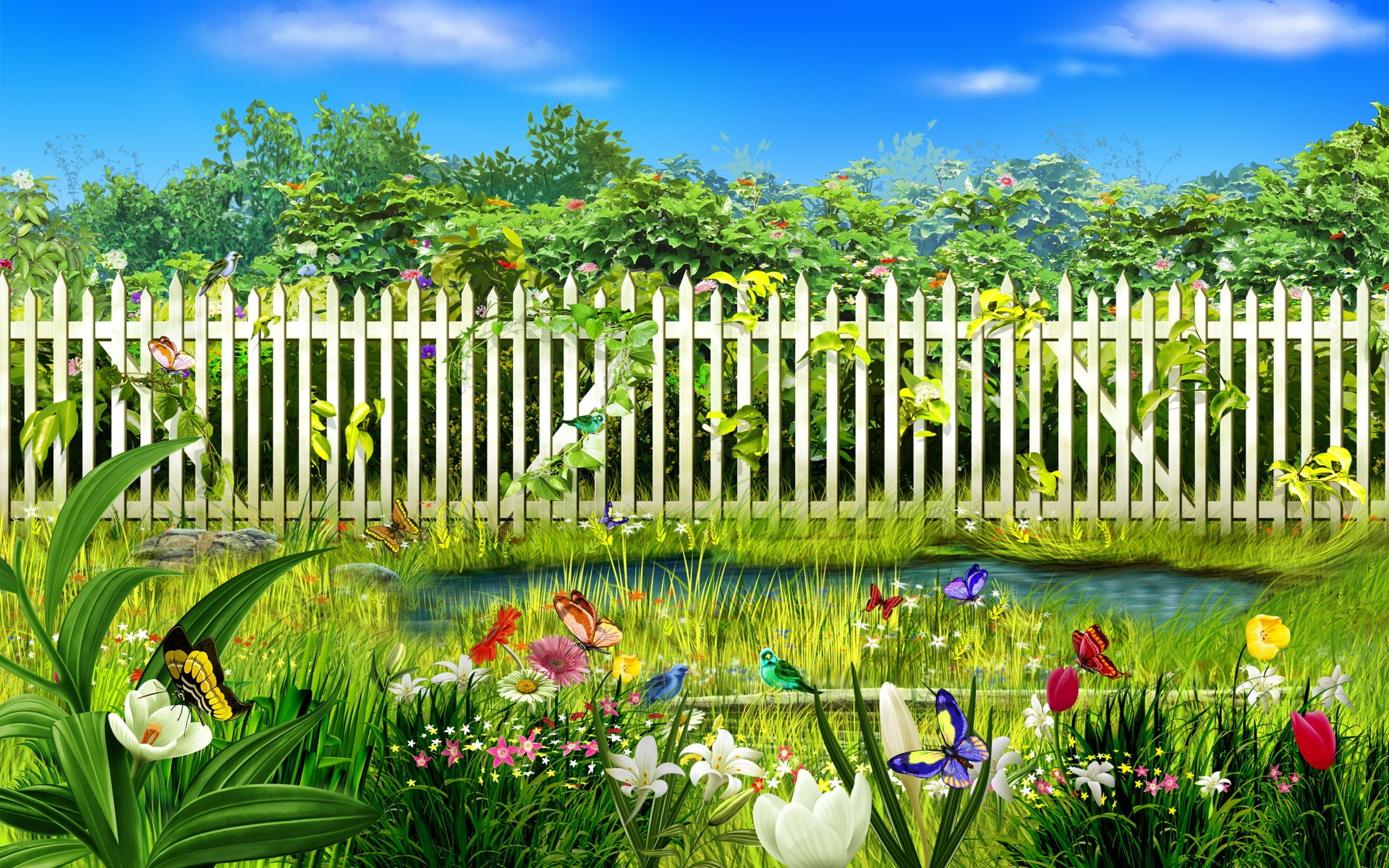 flowers, animated, illustration, wood, Green, fence, 1080P, Spring, flower, Garden, HD Wallpaper