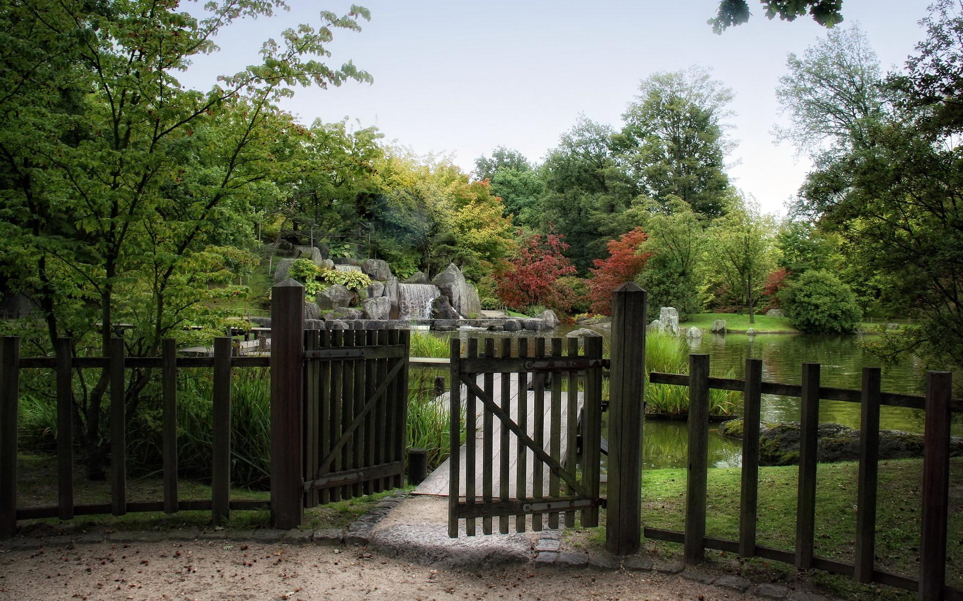 3d and abstract, fence, hasselt, gate, belgium, tree, japanese, path, 1080P, pond, garden, lake, statue, HD Wallpaper