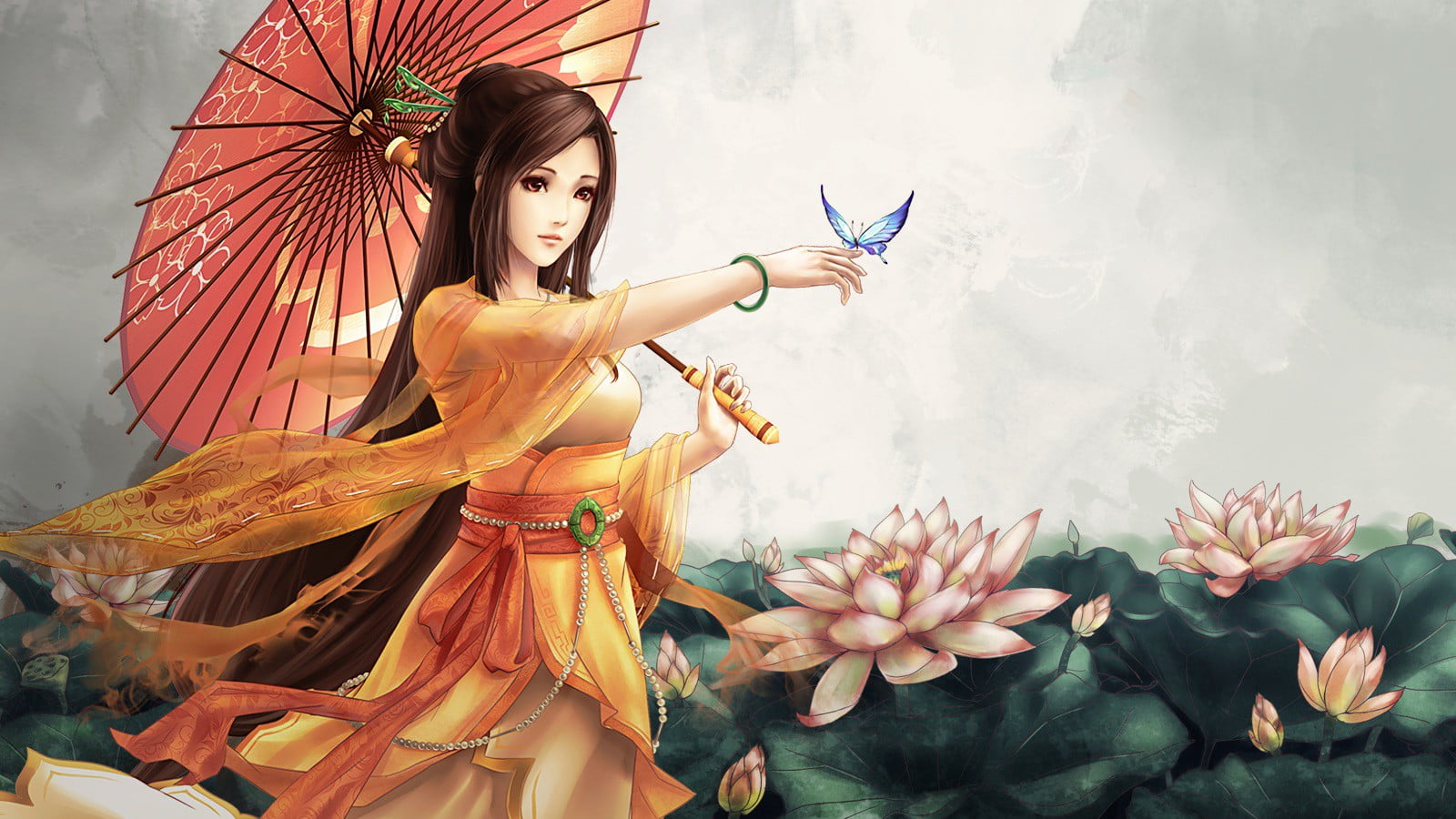 anime, Asian, arts culture and entertainment, traditional clothing, flower, 720P, butterfly, clothing, fashion, plant, fantasy girl, umbrella, adult, beautiful woman, HD Wallpaper