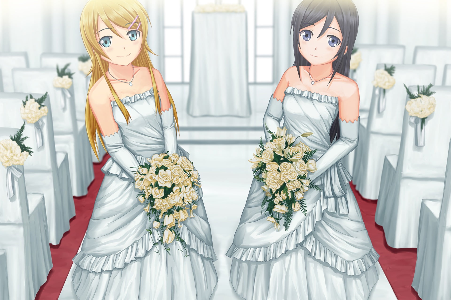 standing, Ore no Imouto ga Konnani Kawaii Wake ga Nai, women, flower, 1080P, beauty, togetherness, celebration, dress, wedding dress, young adult, two people, HD Wallpaper