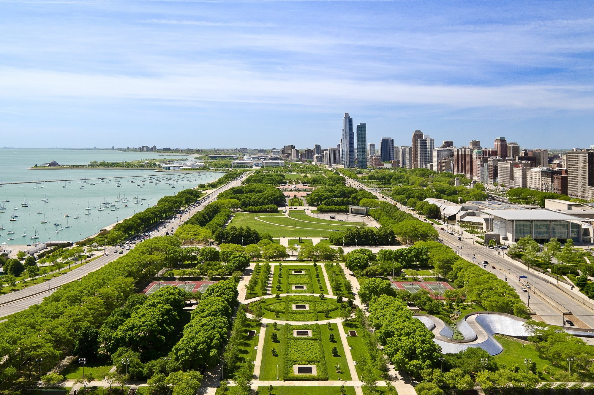 travel destinations, office building exterior, built structure, architecture, city, USA, green color, 1080P, ornamental garden, high angle view, sky, tree, HD Wallpaper