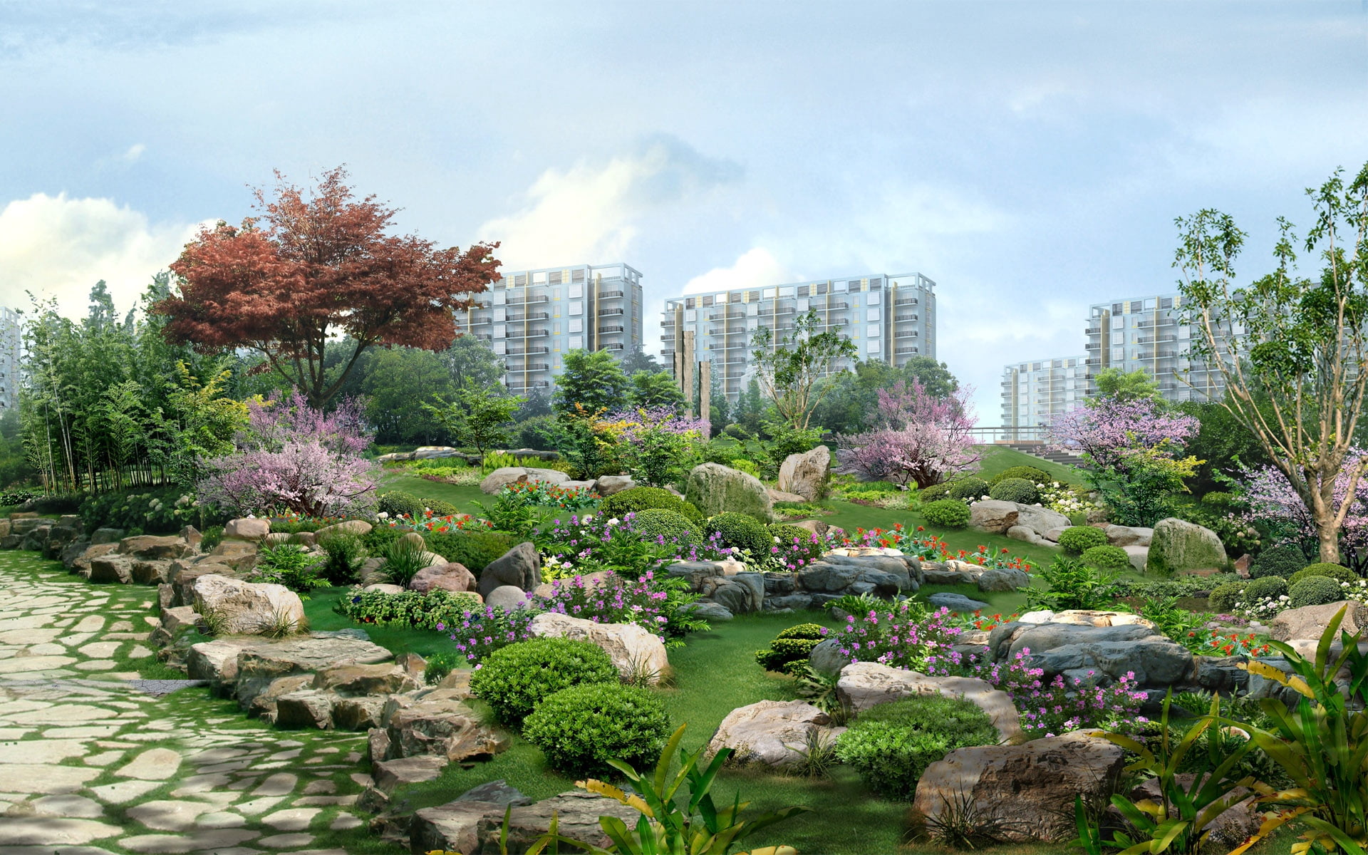 formal Garden, buildings, photoshop, scenics, sky, pond, skyscraper, rock, outdoors, high, blue, cloud - sky, park, grass, office Building, rise, ornamental Garden, HD Wallpaper