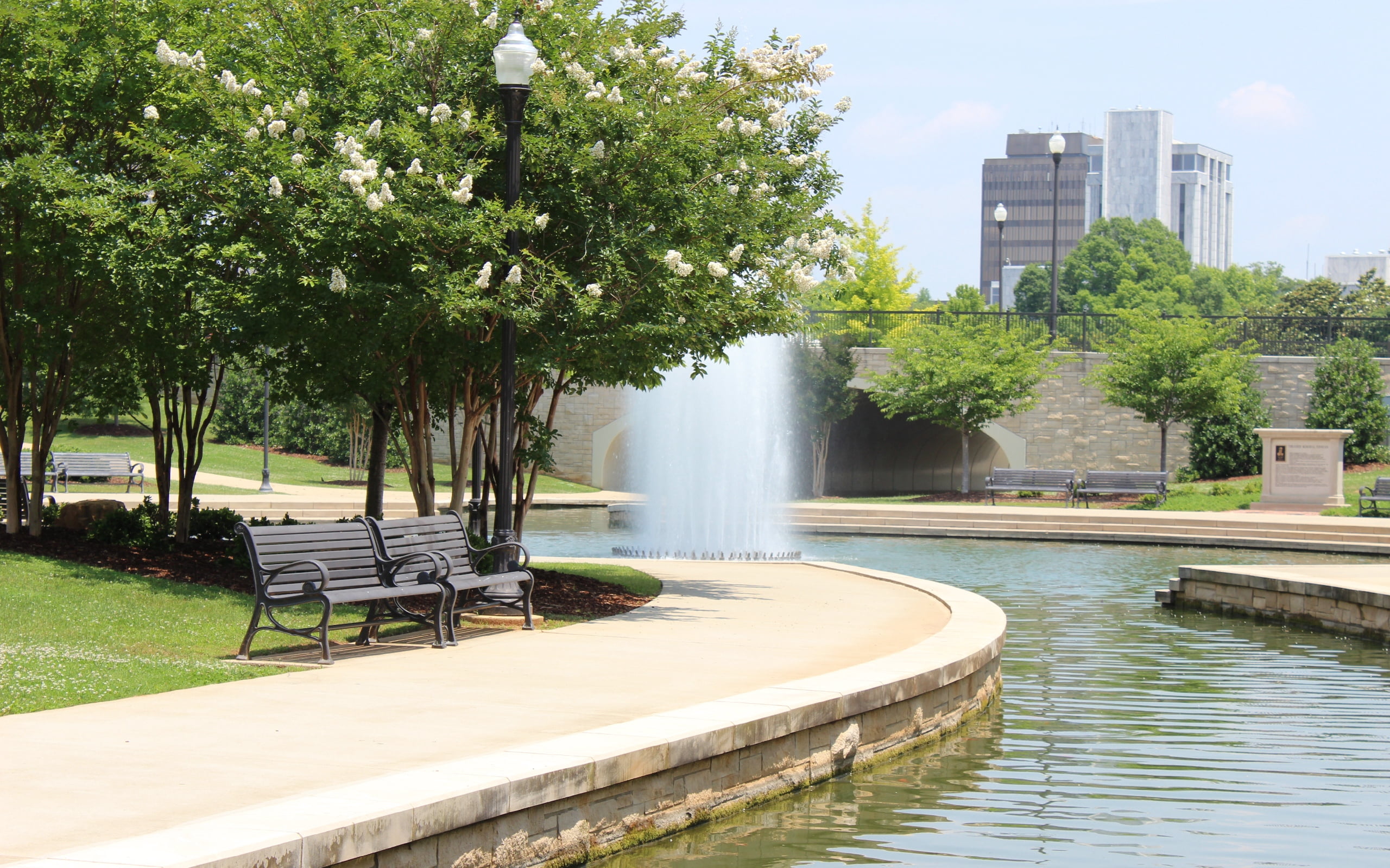building Exterior, bench, city Life, nature, famous Place, lawn, water, spraying, two, city, outdoors, benches, building, green Color, ornamental Garden, HD Wallpaper
