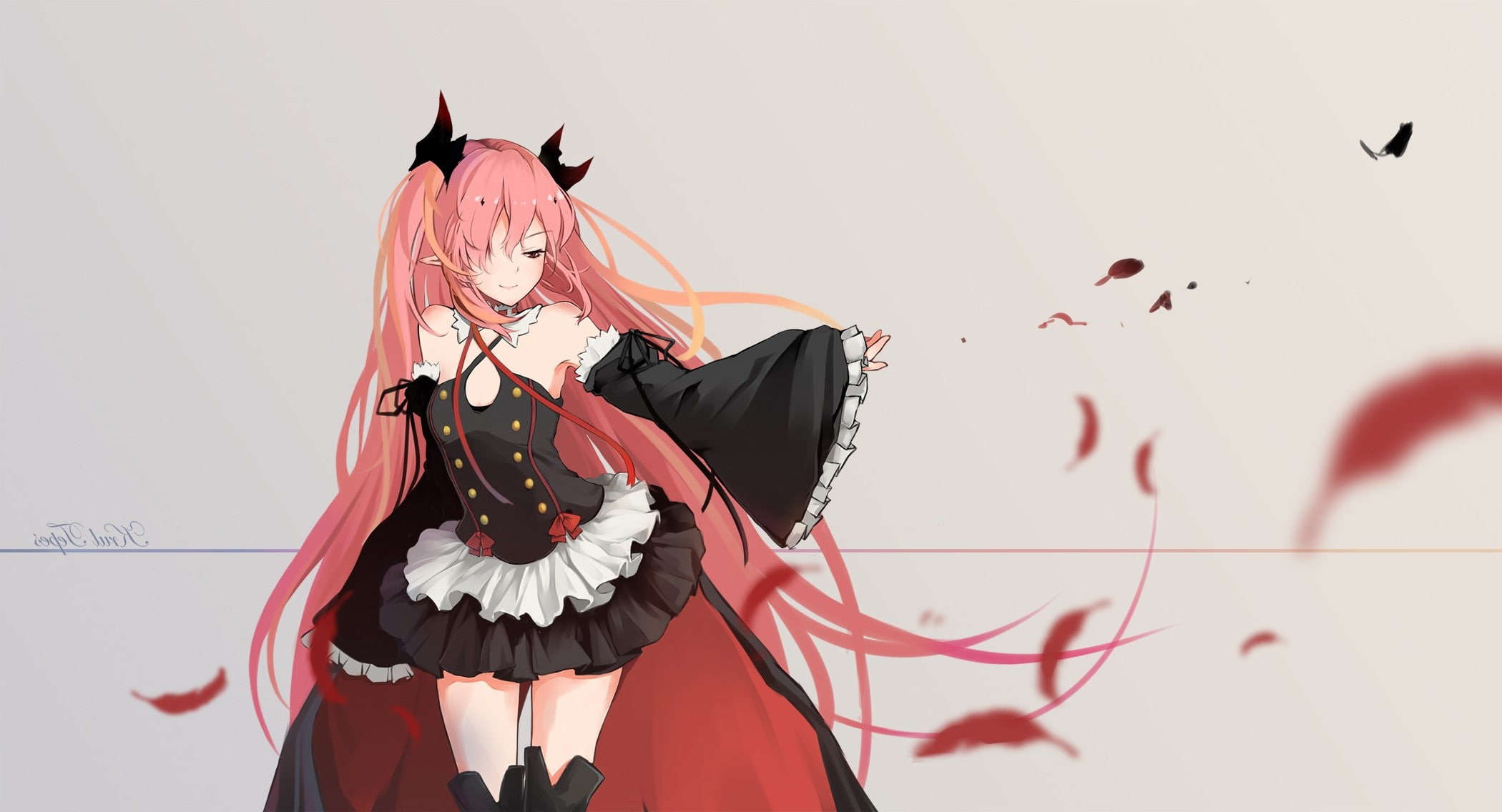 mammal, Anime Girls, costume, red, indoors, Pink Hair, vertebrate, Owari No Seraph, x px, group of animals, anime, wall - building feature, one person, HD Wallpaper