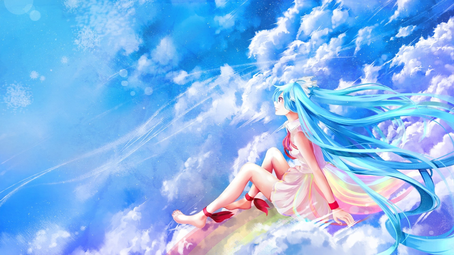 young adult, beautiful woman, sitting, sea, wind, beauty, carefree, outdoors, anime girls, Vocaloid, women, day, Hatsune Miku, cloud - sky, adult, clouds, HD Wallpaper