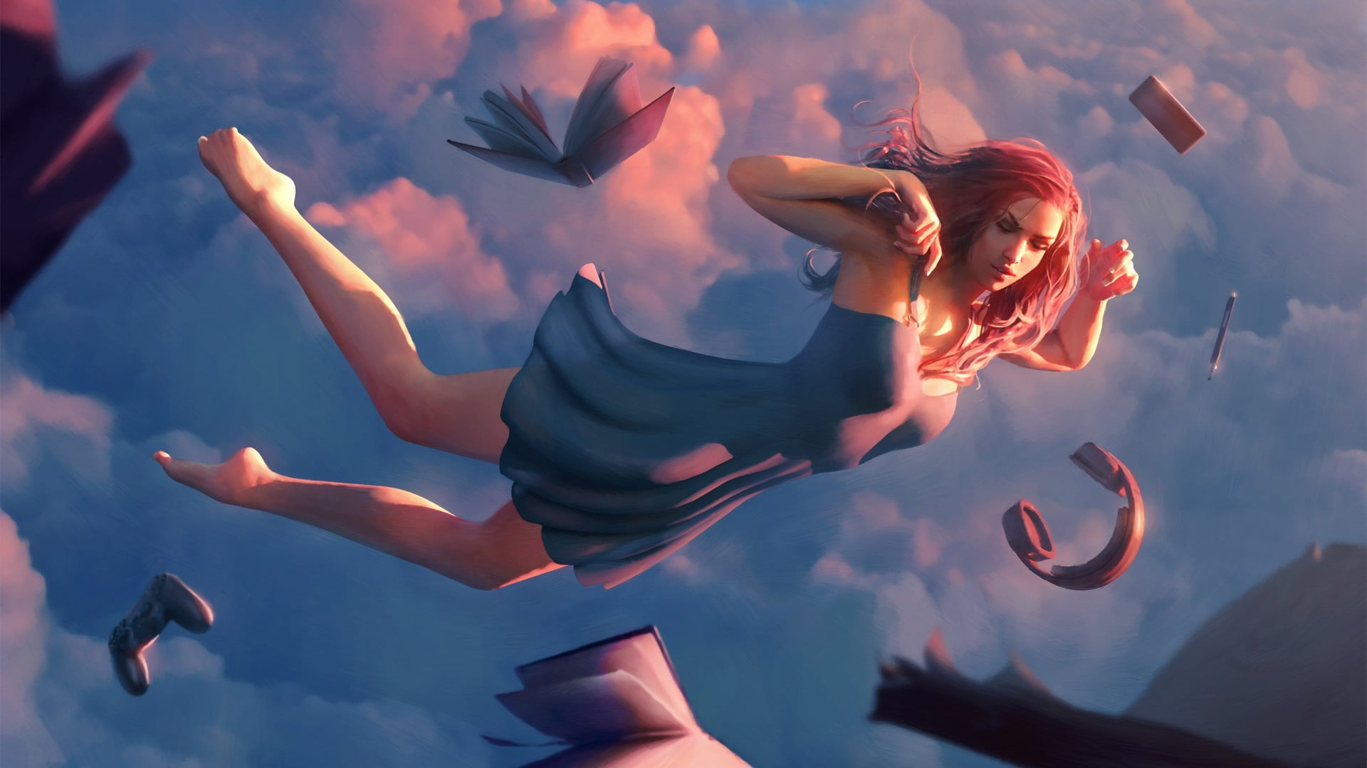 girl, freedom, lifestyles, women, 1080P, mid-air, fantasy art, one person, wearing, cloud - sky, young adult, redhead, flying, full length, sky, motion, HD Wallpaper