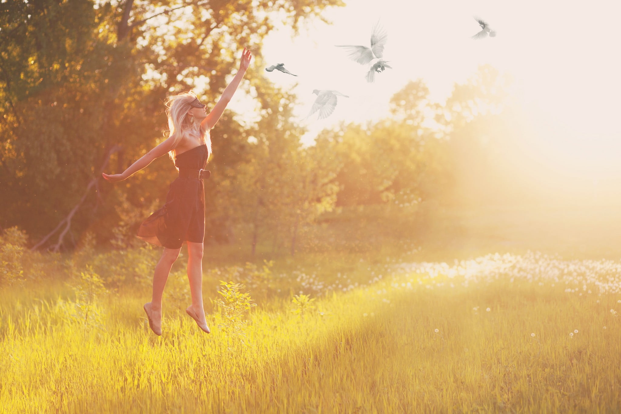 clothing, tree, human arm, plant, young adult, grass, one person, lifestyles, lens flare, full length, sunlight, women, carefree, enjoyment, hair, hairstyle, HD Wallpaper
