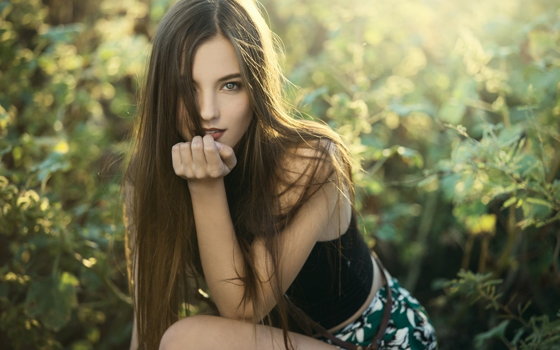 lifestyles, smiling, blouse, relaxation, joy, women, summer, green Color, finger on lips, girls, females, top, blue eyes, happiness, wearing, looking, 1080P, HD Wallpaper