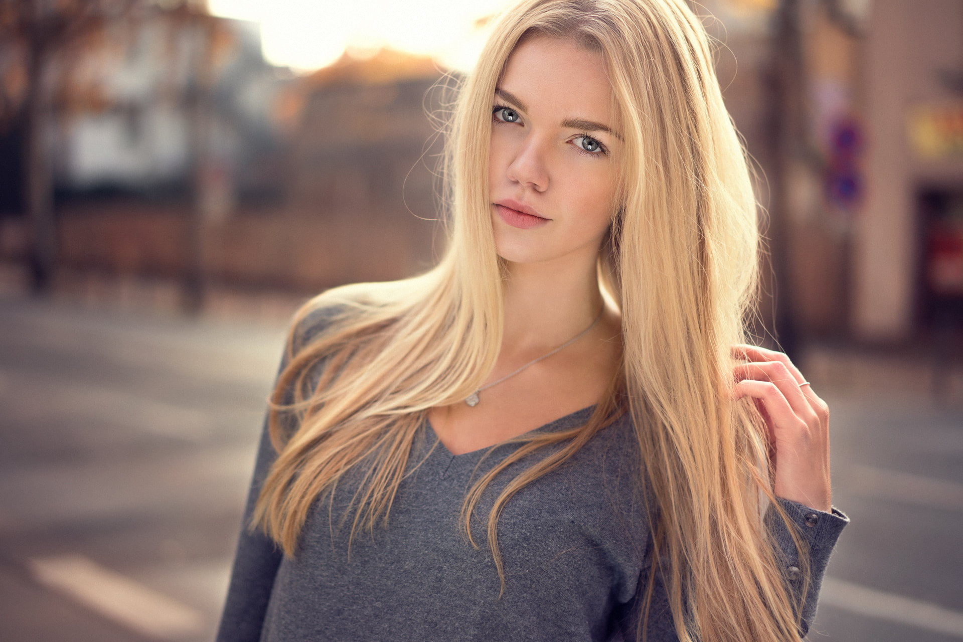 outdoors, fashion, women outdoors, adult, contemplation, grey clothing, blue eyes, beautiful woman, portrait, Pauline, standing, front view, necklace, hair, HD Wallpaper