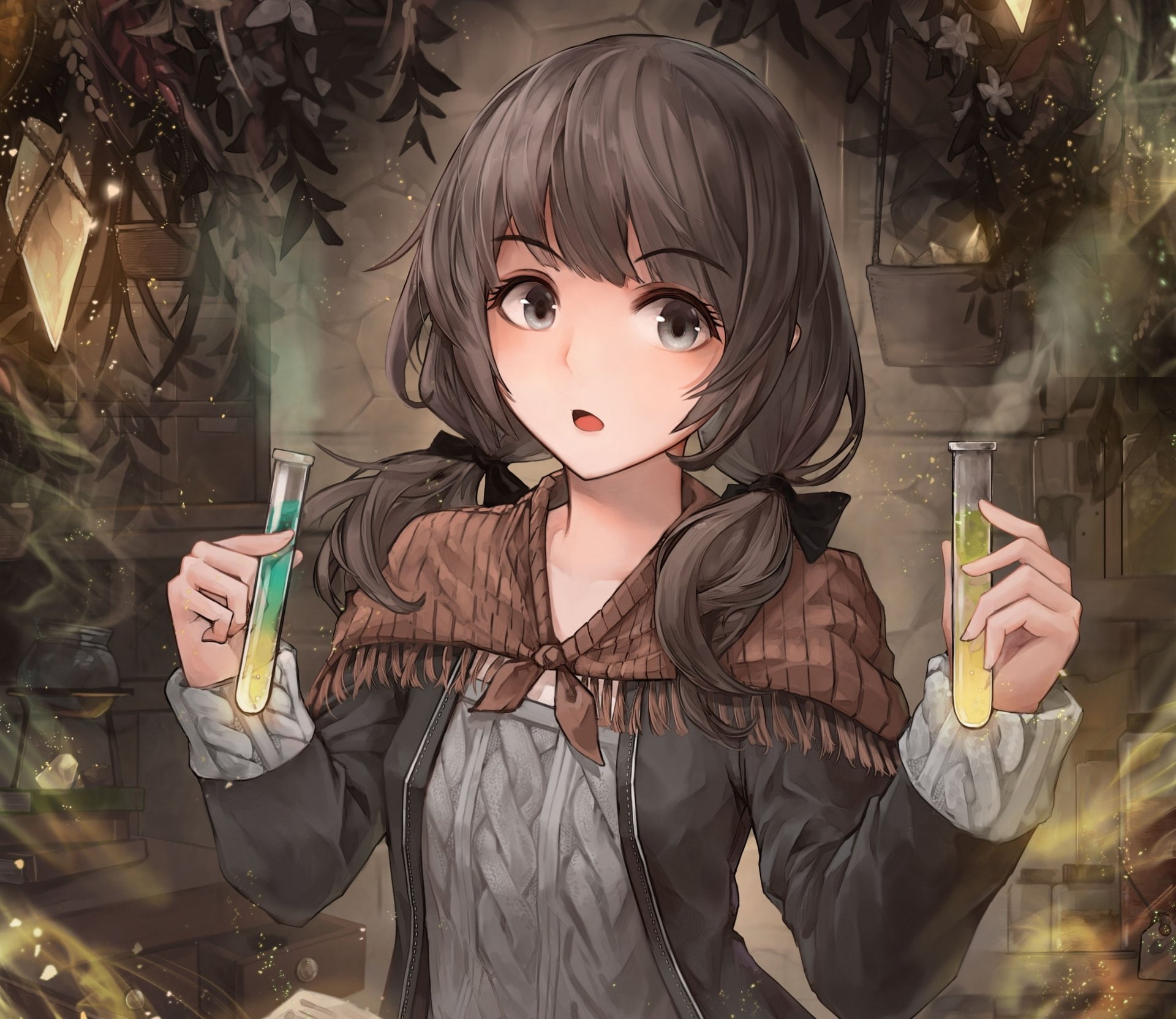 Original, Brown Hair, Grey Eyes, Flower, 1080P, Chemical, Long Hair, bow (Clothing), Twintails, Anime, HD Wallpaper