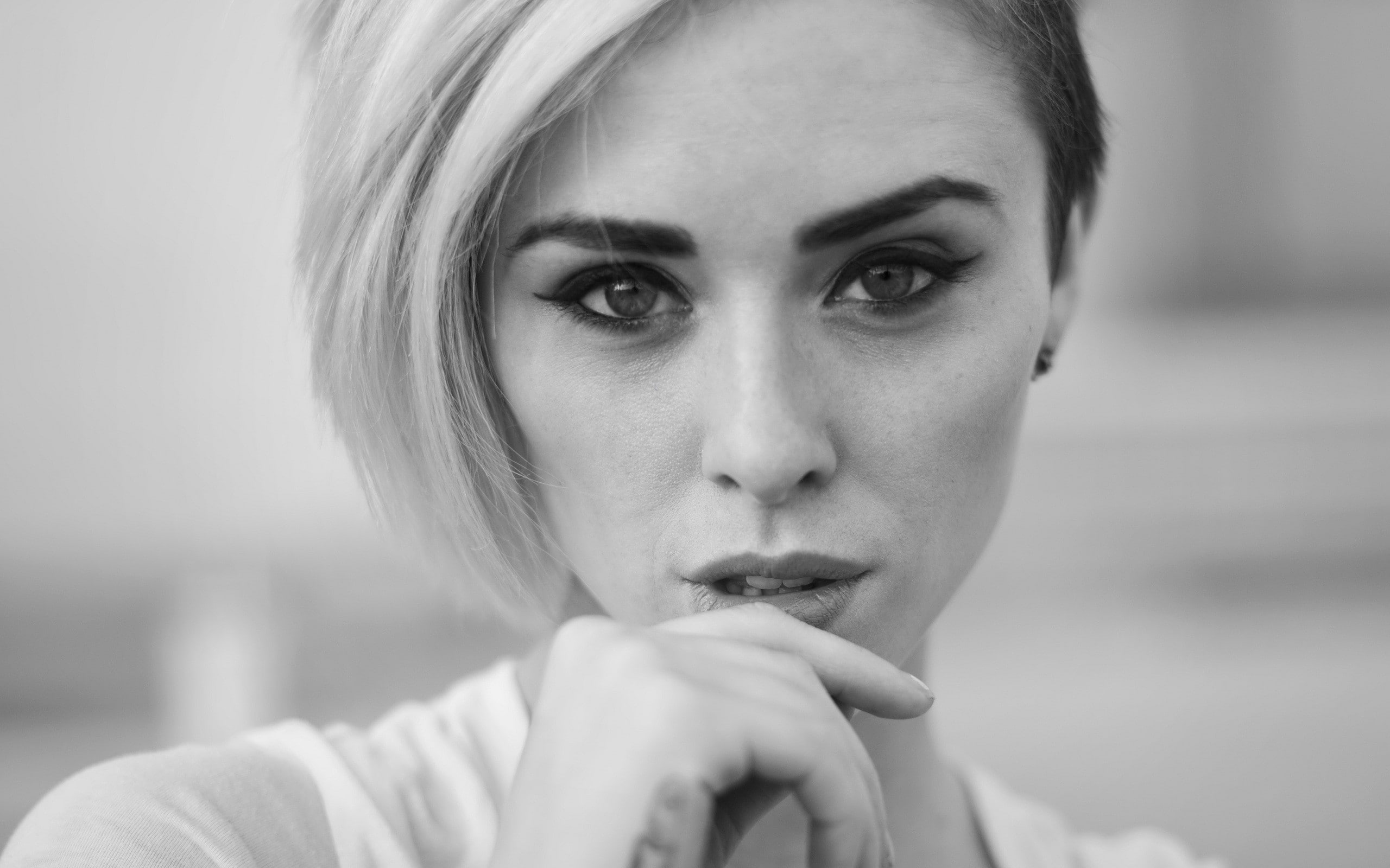 monochrome, model, portrait, face, Alysha Nett, 2K, women, HD Wallpaper