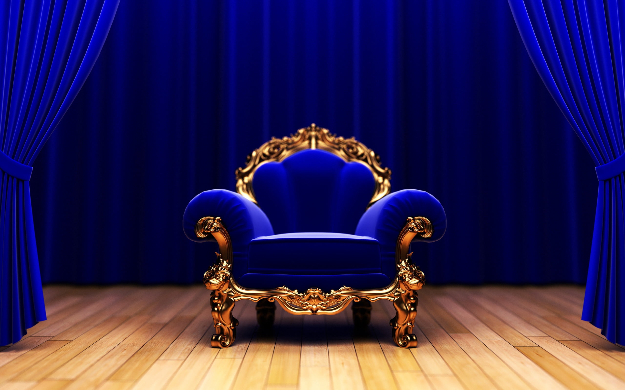 empty, no People, blue, wood, front view, decor, furniture, stage, textile, velvet, hardwood floor, decoration, backgrounds, armchair, flooring, chair, HD Wallpaper