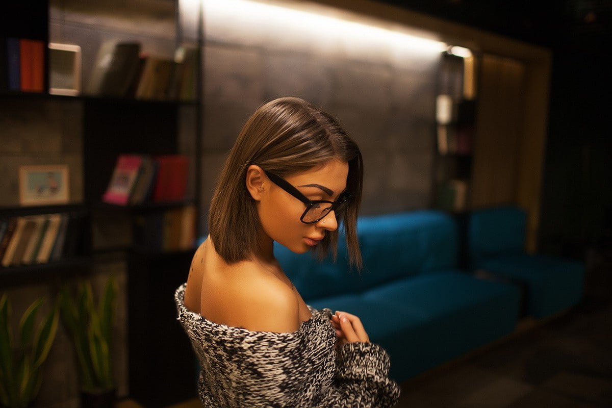 brown hair, positive emotion, beautiful people, casual clothing, fashion, one person, women model portrait bare shoulders women with glasses looking down denis gruba, HD Wallpaper