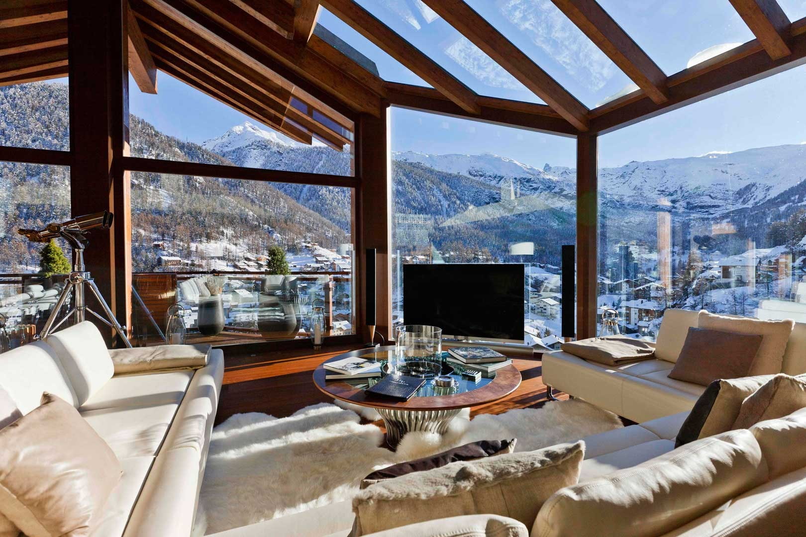 indoors, window, TV, room, telescope, cushions, 720P, mountains, house, sunlight, HD Wallpaper