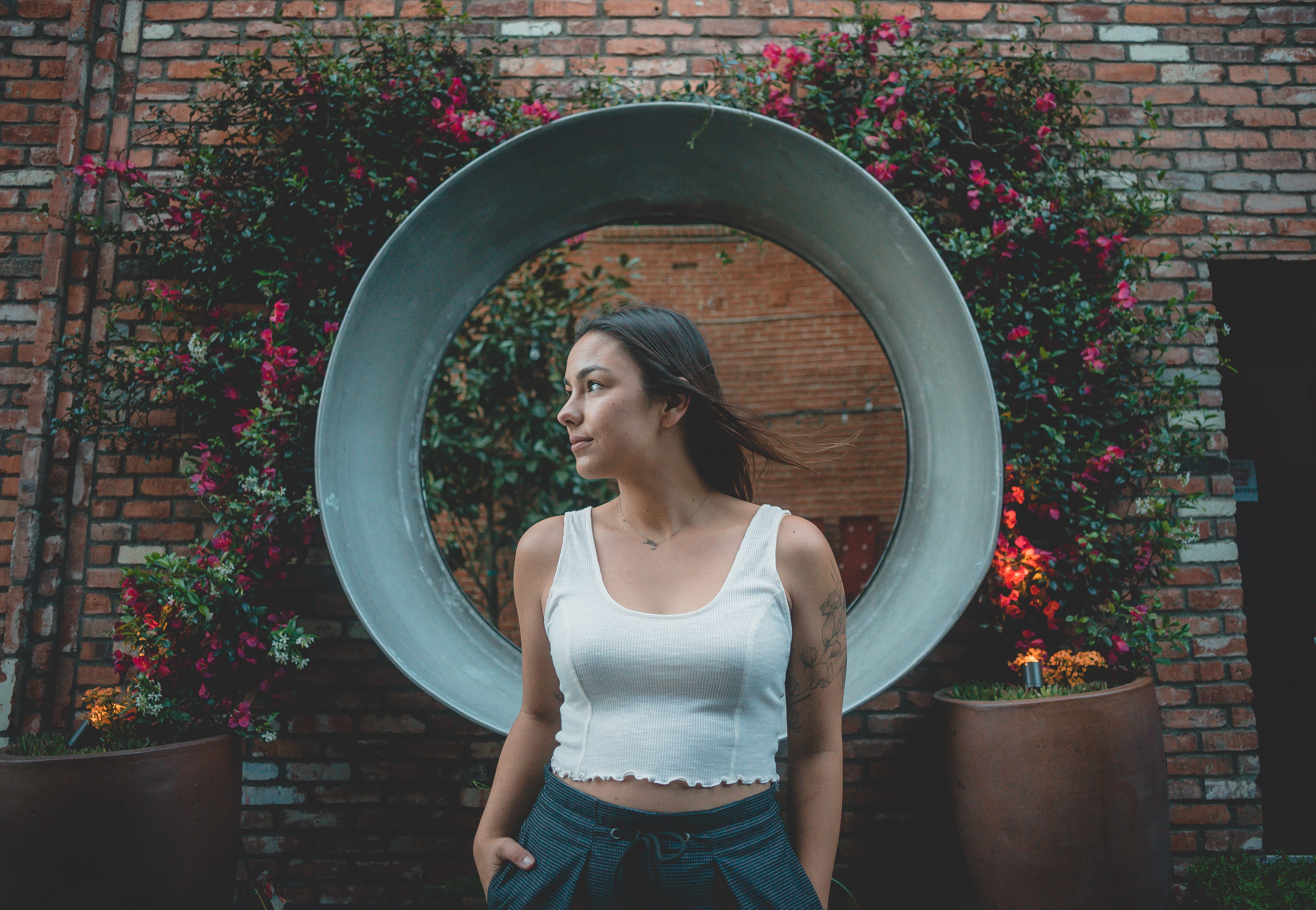 person, female, tattoo, pot, architecture, flower, one person, outdoors, built structure, leisure activity, beauty, young adult, adult, standing, jar, united states, HD Wallpaper