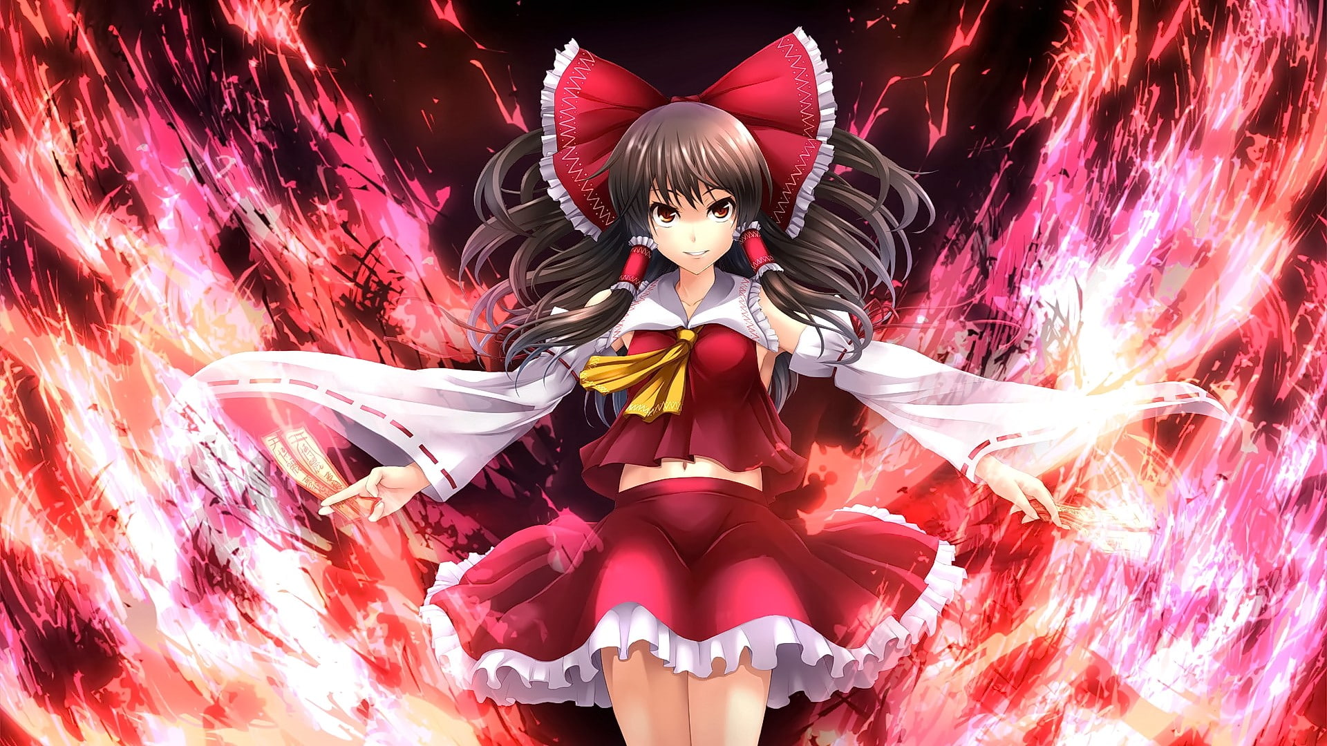 hair band, red eyes, smiling, miko, Touhou, anime girls, anime, Hakurei Reimu, 1080P, long hair, brunette, HD Wallpaper