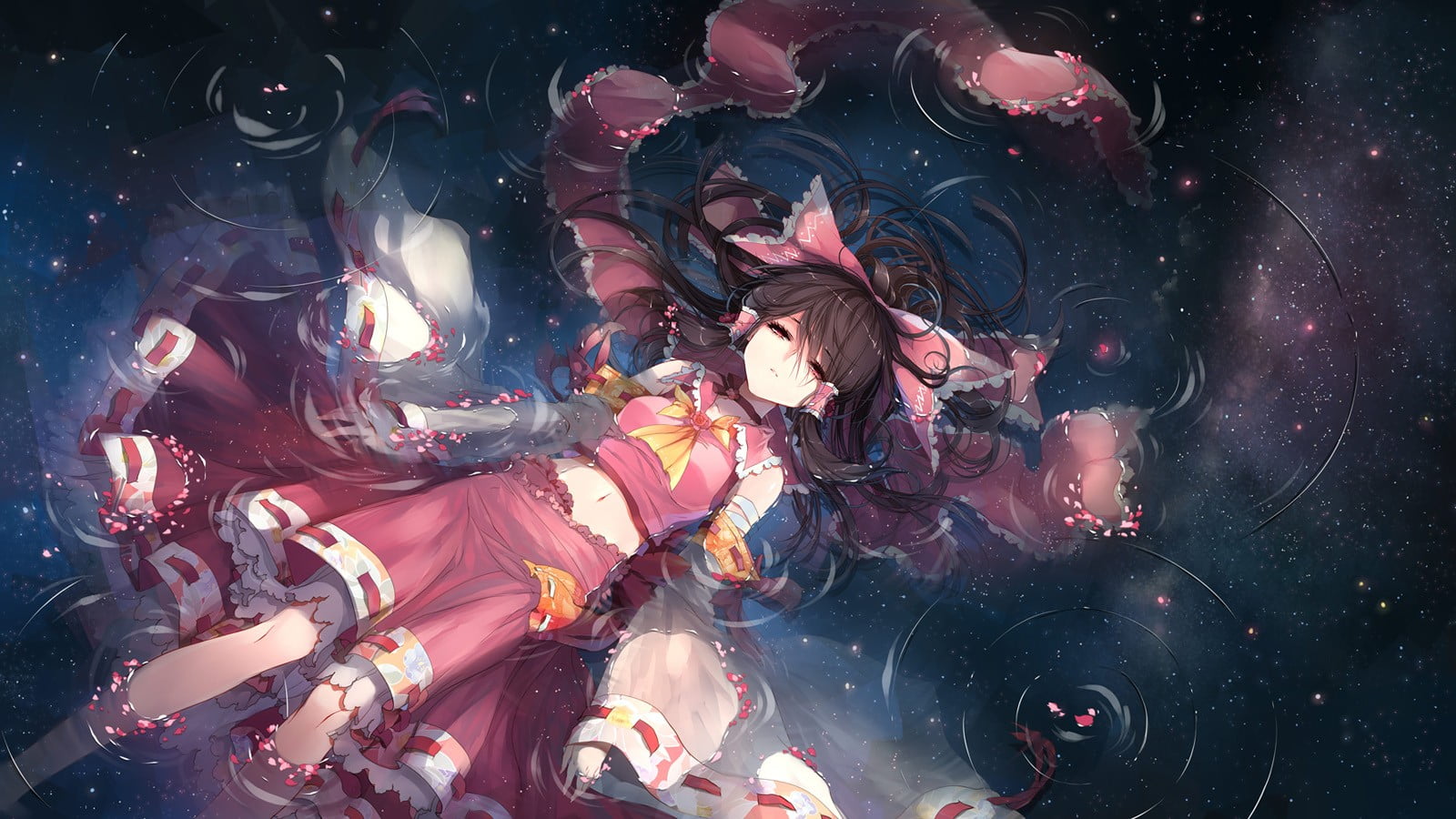 anime girls, performance, group of people, long hair, flower petals, illuminated, arts culture and entertainment, 720P, water, indoors, motion, Touhou, HD Wallpaper