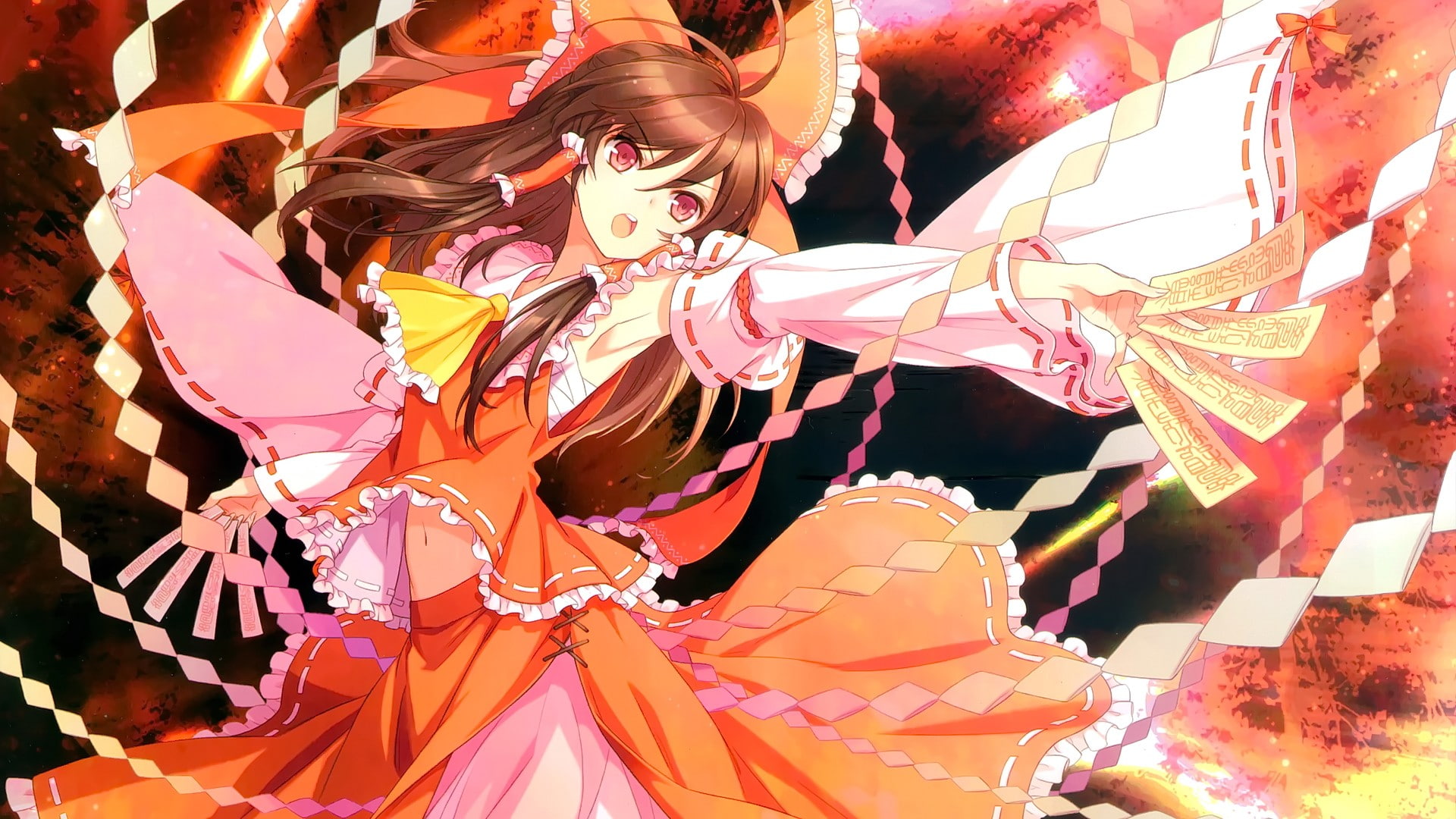 anime girls, brunette, long hair, open mouth, anime, red eyes, 1080P, Hakurei Reimu, looking away, Touhou, HD Wallpaper