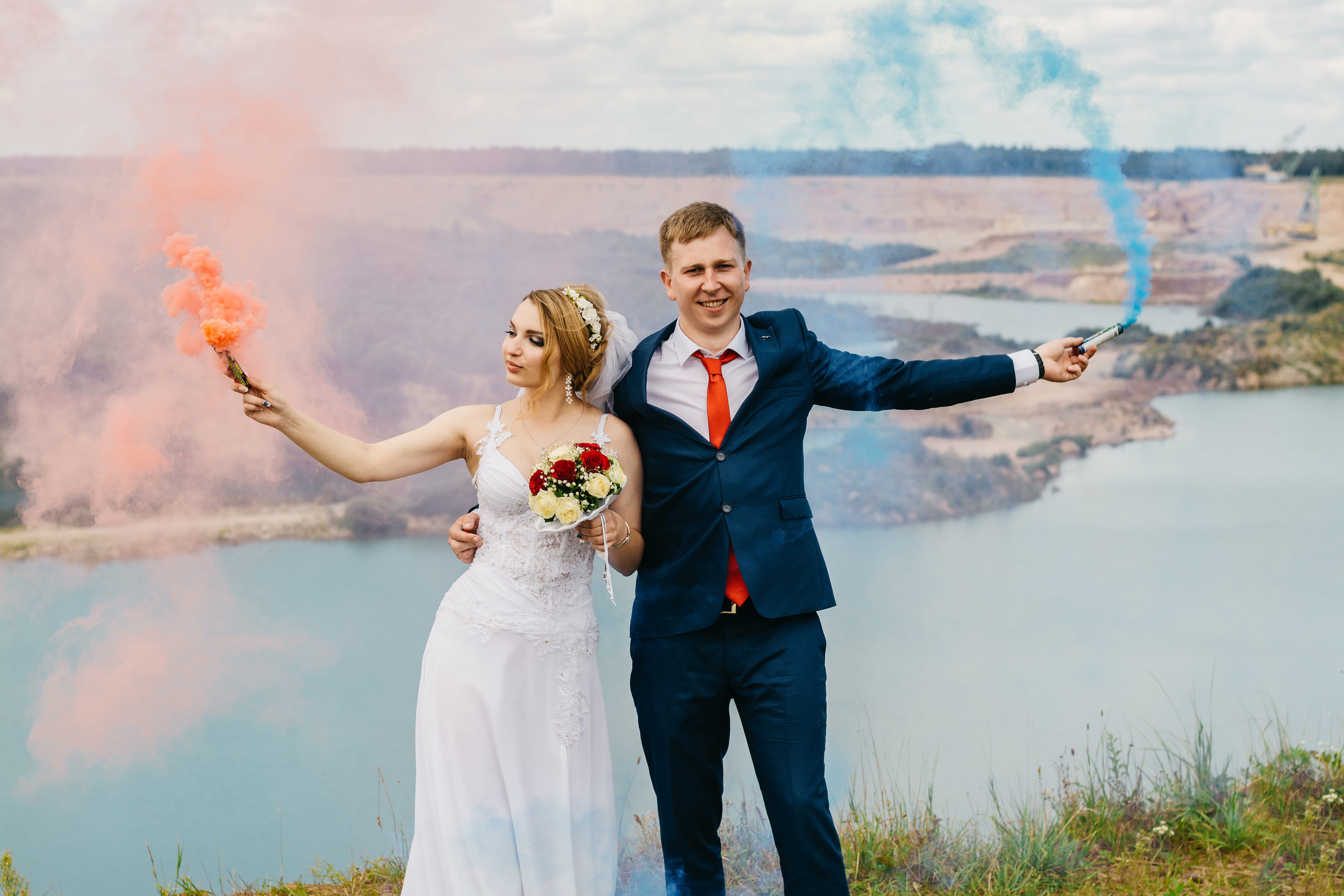 couple - relationship, smoke, flowers, girl, beautiful, bride, wedding, man, people, emotion, front view, portrait, marriage, togetherness, happiness, bonding, HD Wallpaper